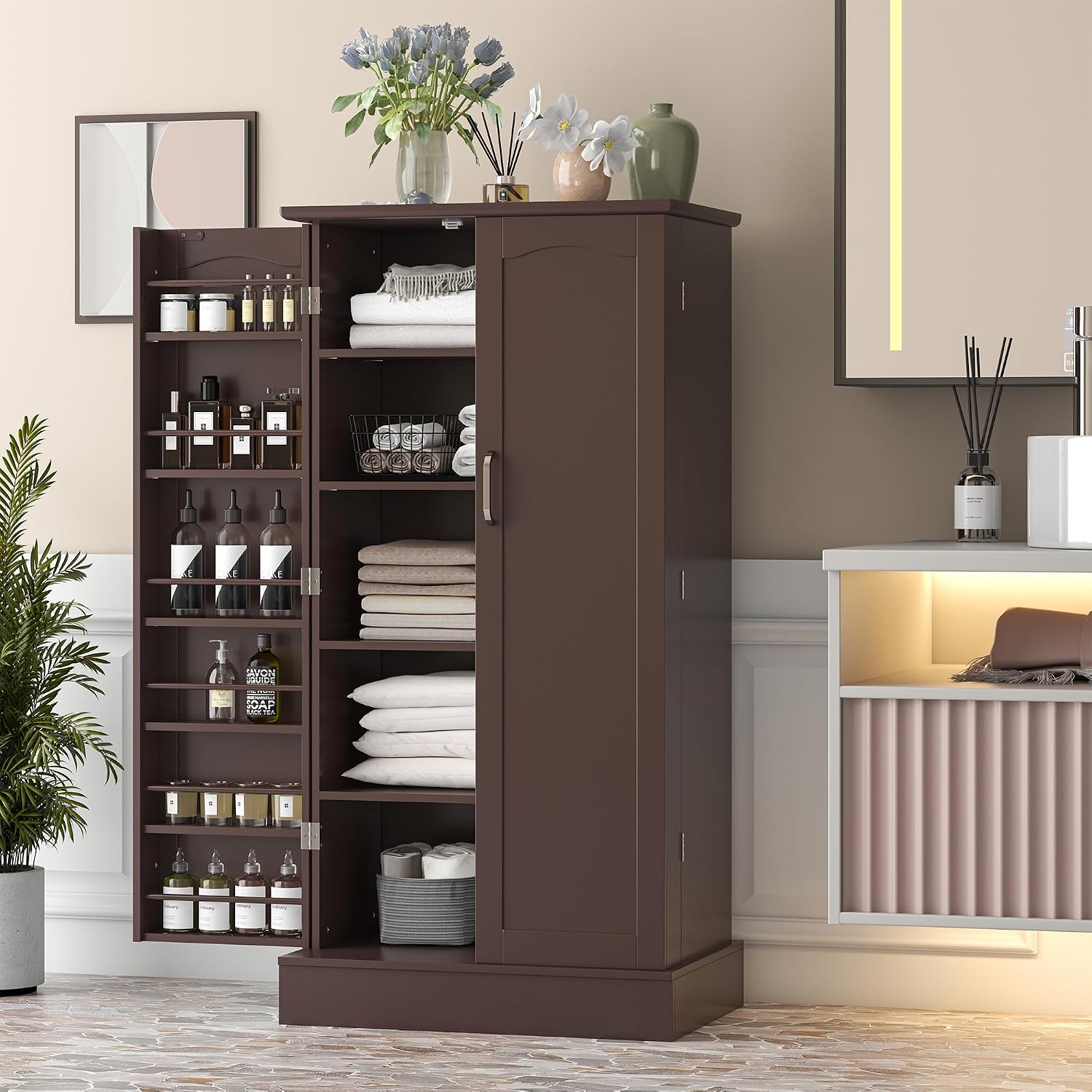kepptory 47' Freestanding Kitchen Pantry Cabinet with Adjustable Shelves | Magnetic Doors & Anti-Tip Device, Storage Cupboard for Kitchen Laundry Living Room, Walnut
