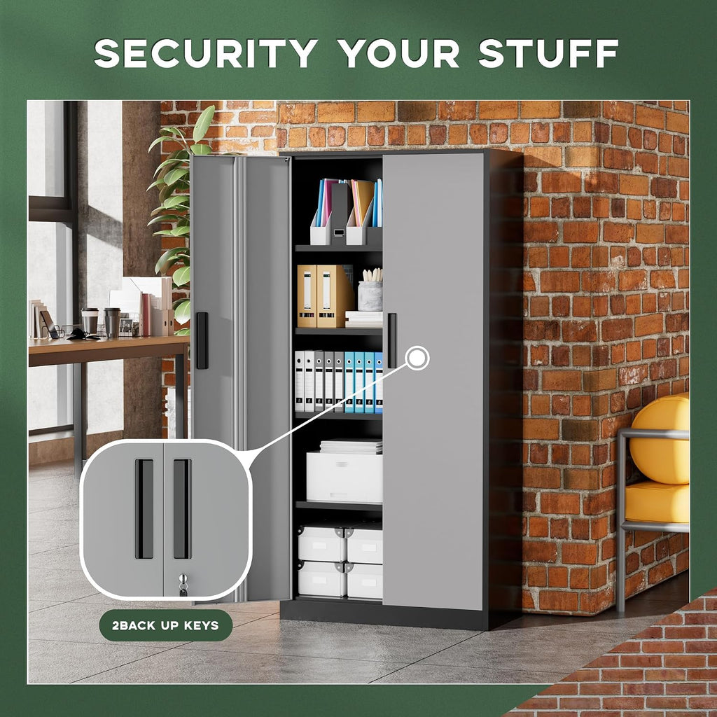 Greenvelly Metal Garage Storage Cabinet, 72' Black Gray Tool Steel Locking Cabinet with Doors and 4 Shelves, Tall Cabinets for Garage Storage Systems Lockable File Cabinet for Home Office,Garage