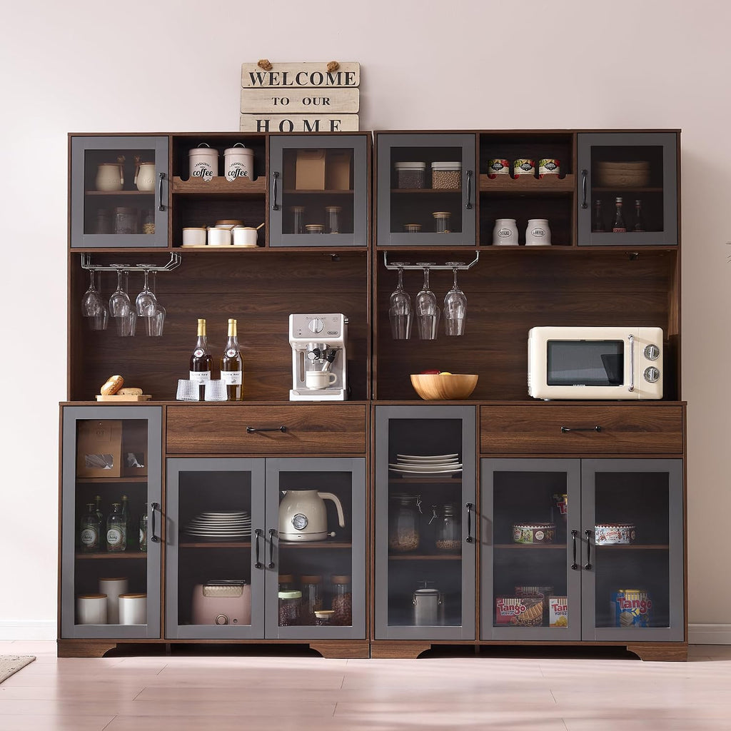 Fatmok 71' Tall Pantry Cabinet with Glass Doors, Kitchen Hutch Storage Cabinet, Coffee Bar & Liquor Cabinet with Charging Station & LED Lights, Wine Rack, Adjustable Shelves＆Large Drawer, Brown
