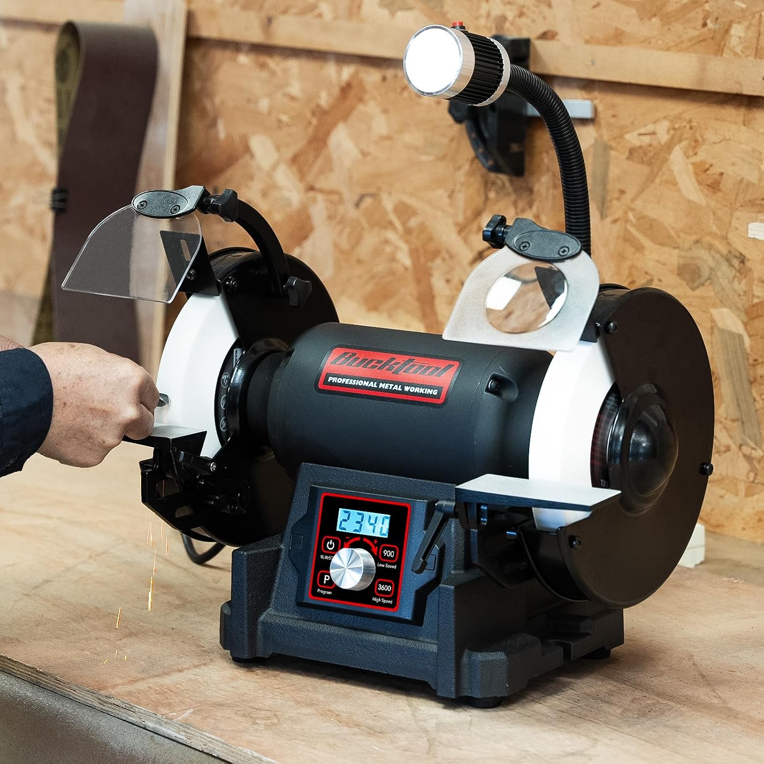 Bucktool 8' VFD Variable Speed Bench Grinder, 1HP Power Professional Wobble-free Wheel Grinder with High/Low Speed Switching for Knife, Metal