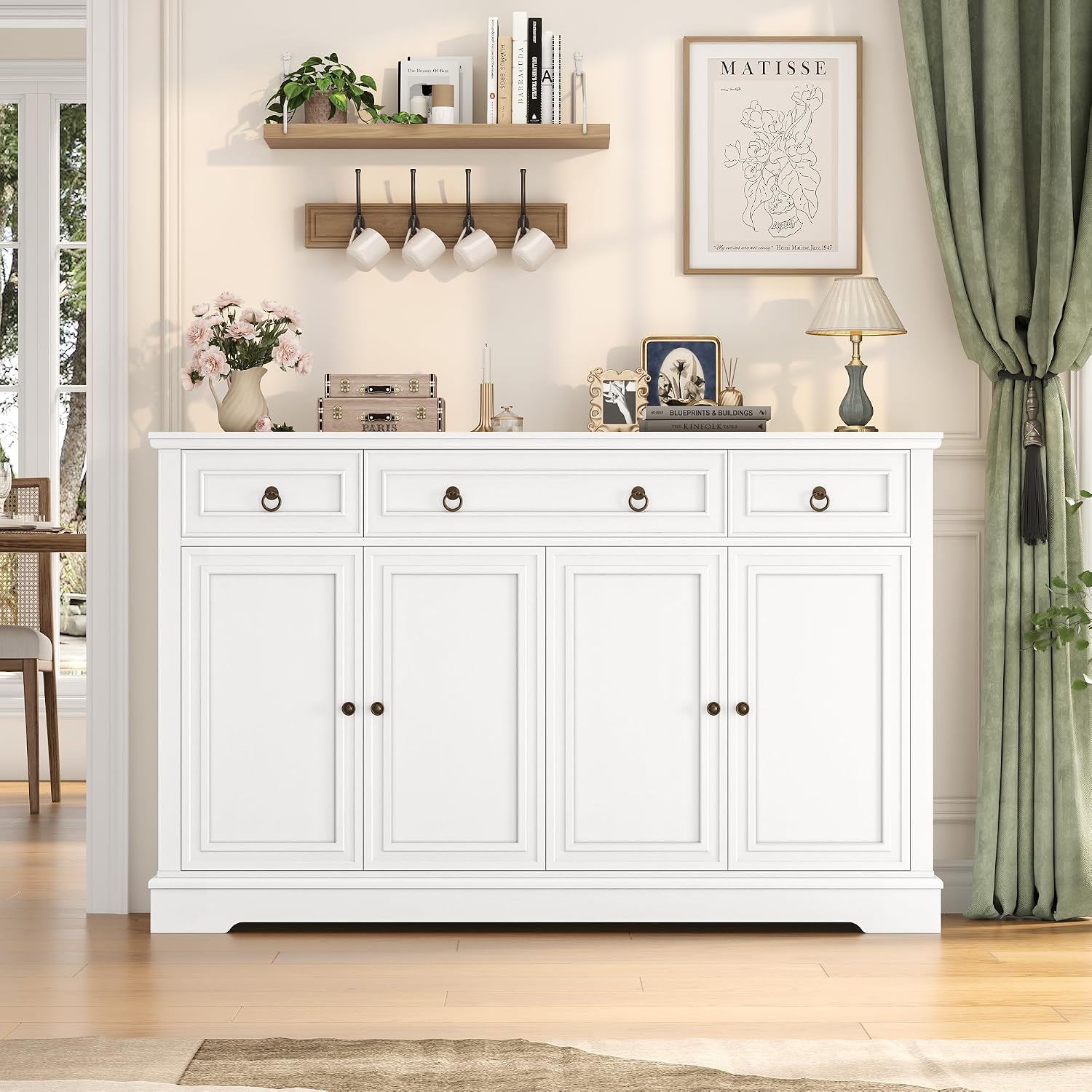FINETONES Buffet Cabinet with Storage, 52.7' Large Sideboard Buffet Cabinet, White Kitchen Cabinet with 3 Drawers and 4 Doors, Wood Coffee Bar for Kitchen Dining Room, White