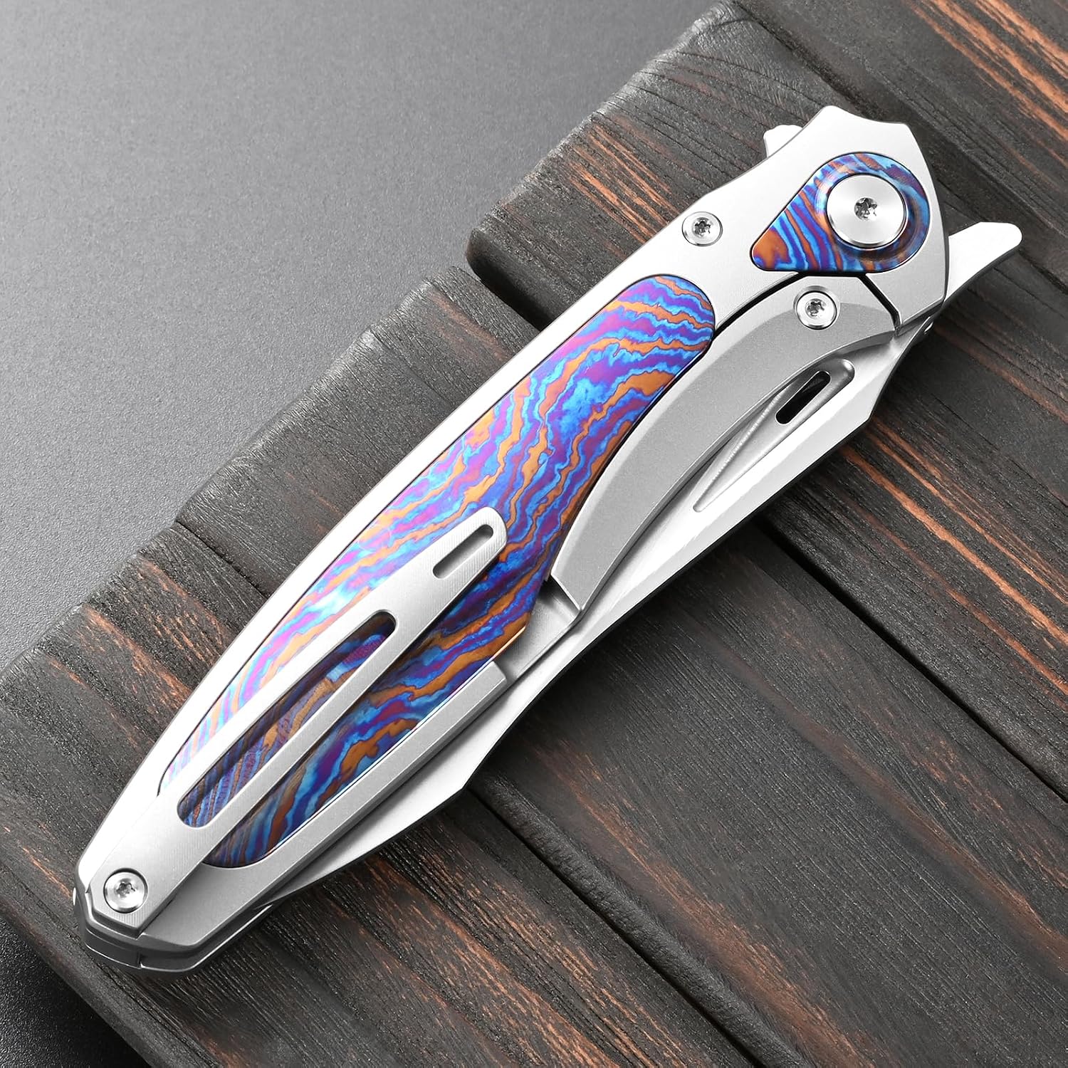 Sitivien ST997 Folding Knife,Handmade M390 Pearlescent Brushed Steel Blade,Titanium Carbon Fiber Handle EDC Knife for Outdoor Camping Hiking Survival Travel (Timascus)