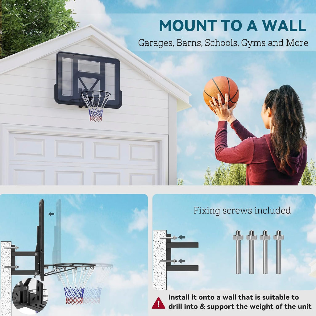 Soozier Wall Mounted Basketball Hoop, Reinforced Shatter Resistant 43' Backboard Basketball Goal Combo Kit with All Weather Net for Outdoor or Indoor Use