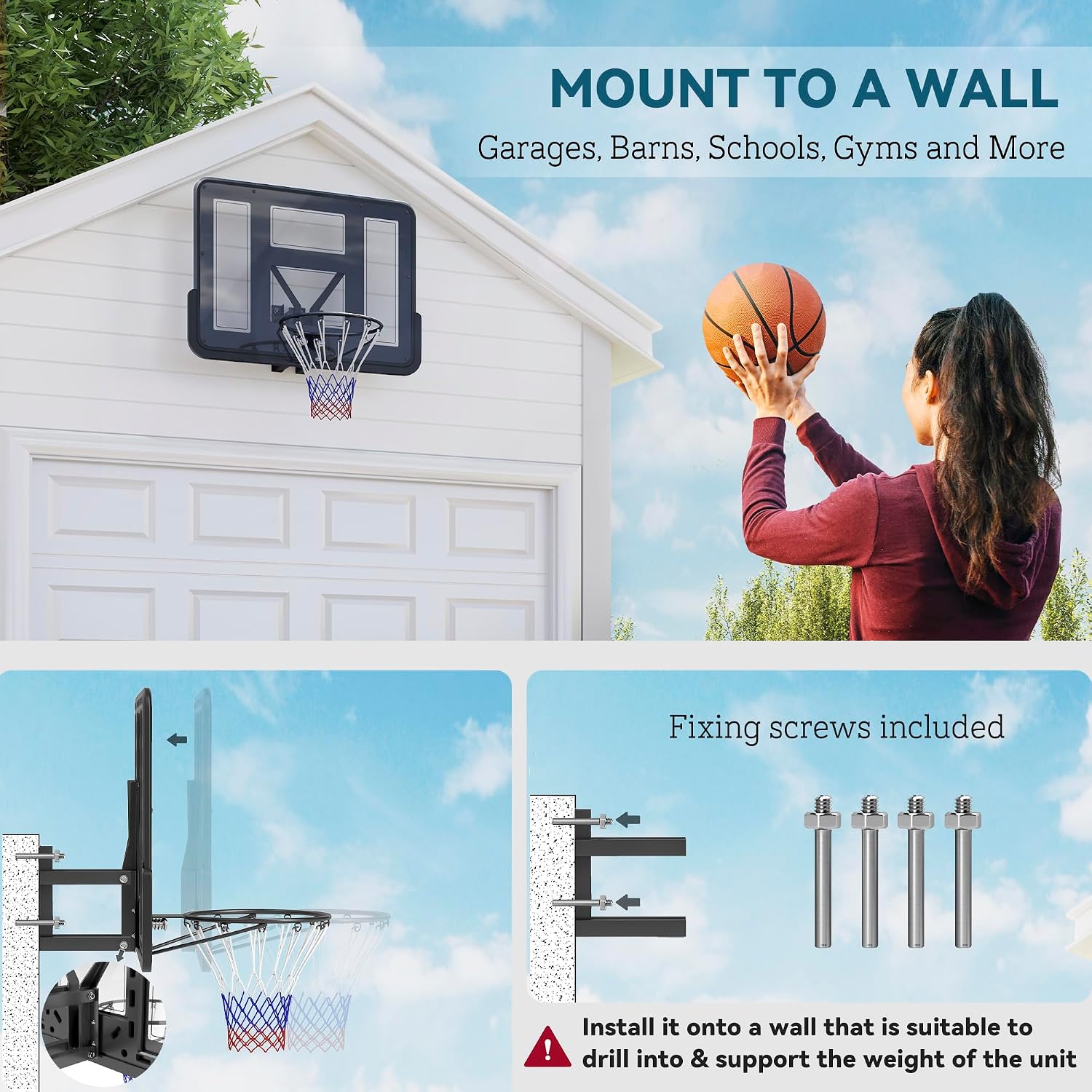 Soozier Wall Mounted Basketball Hoop, Reinforced Shatter Resistant 43' Backboard Basketball Goal Combo Kit with All Weather Net for Outdoor or Indoor Use