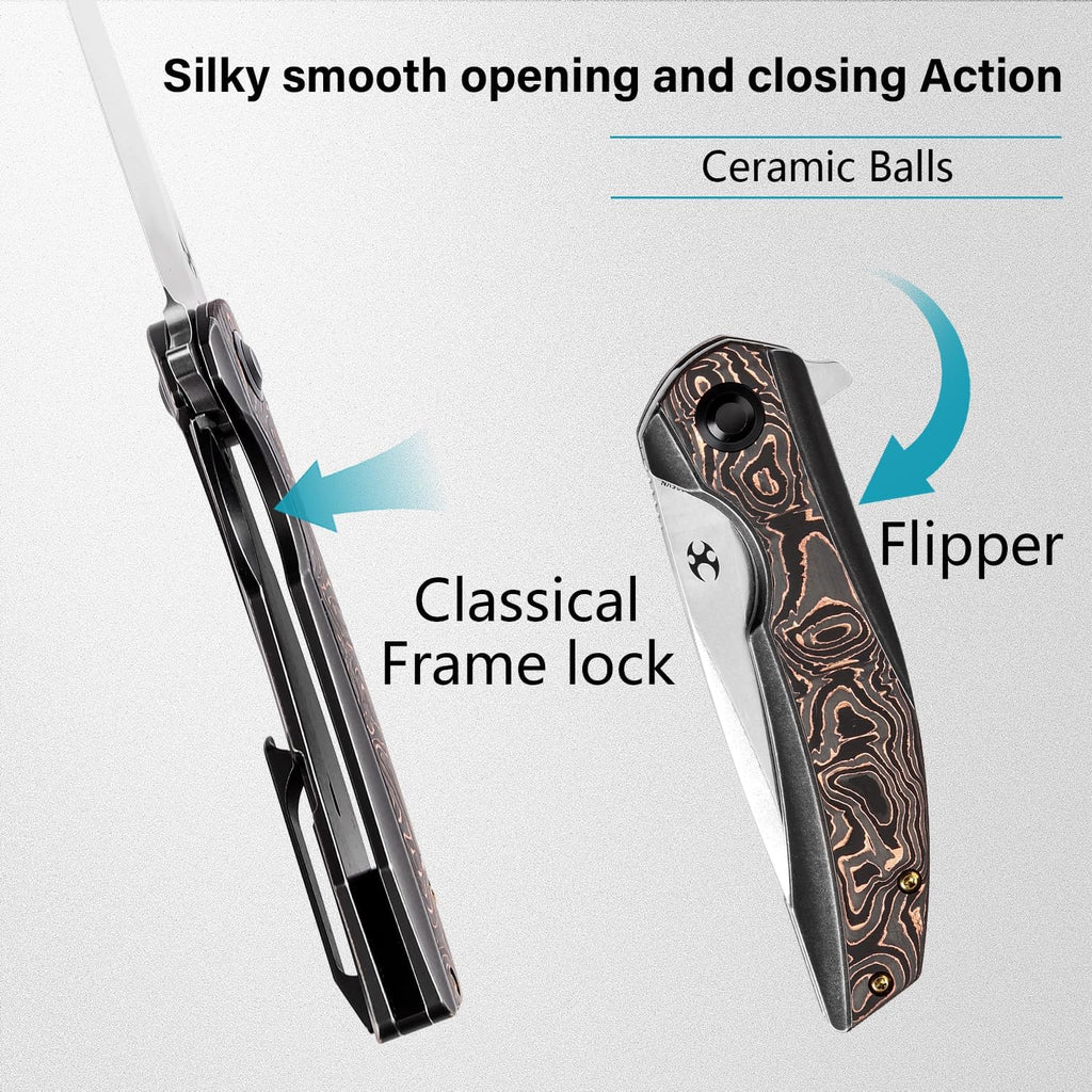 KANSEPT Accipiter Pocket Folding Knives EDC Camping Folding Knife 3.36'' Stonewashed CPM S35VN Blade with Titanium+Copper Carbon Fiber Handle Everyday Carry K1007E2