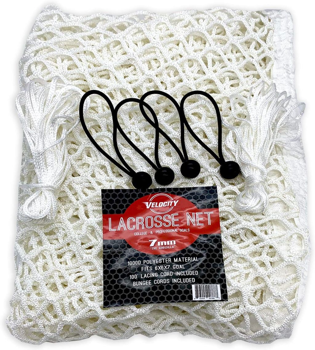 Velocity Heavy Duty Black & White Lacrosse Net - Fits 6'x6'x7' Goals - Weatherproof, UV Resistant 1000D High-Strength Polyester - Comes with 100+ Feet of Lacing Cord and 4 Quick Ties
