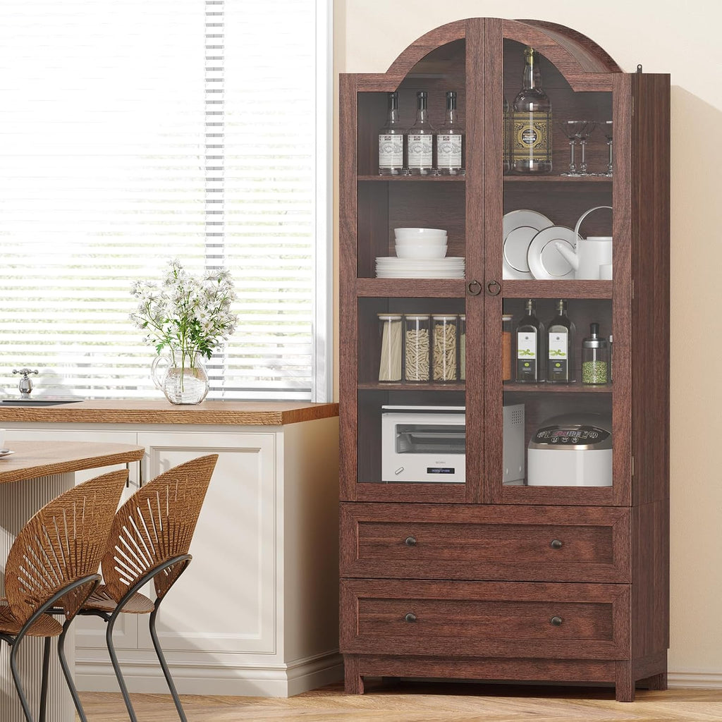 EasyCom 71 Tall Arched Pantry Cabinet, Farmhouse Wood Kitchen Cabinet with 2 Large Drawers, 4-Tier Storage Cabinet with Adjustable Shelf & Magnetic Clasp Doors for Living Room, Dining Room, Brown