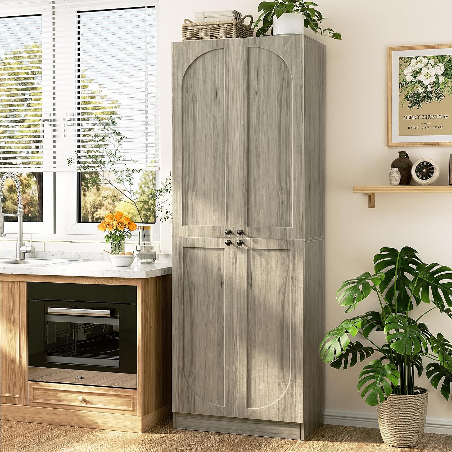 Cyclysio 80' Kitchen Pantry, Extra Tall Arch Storage Cabinet with 4 Soft Close Doors and Adjustable Shelves, Freestanding Wood Cupboard with Seamless Fit Wall for Dining Living Room Bathroom Furniture