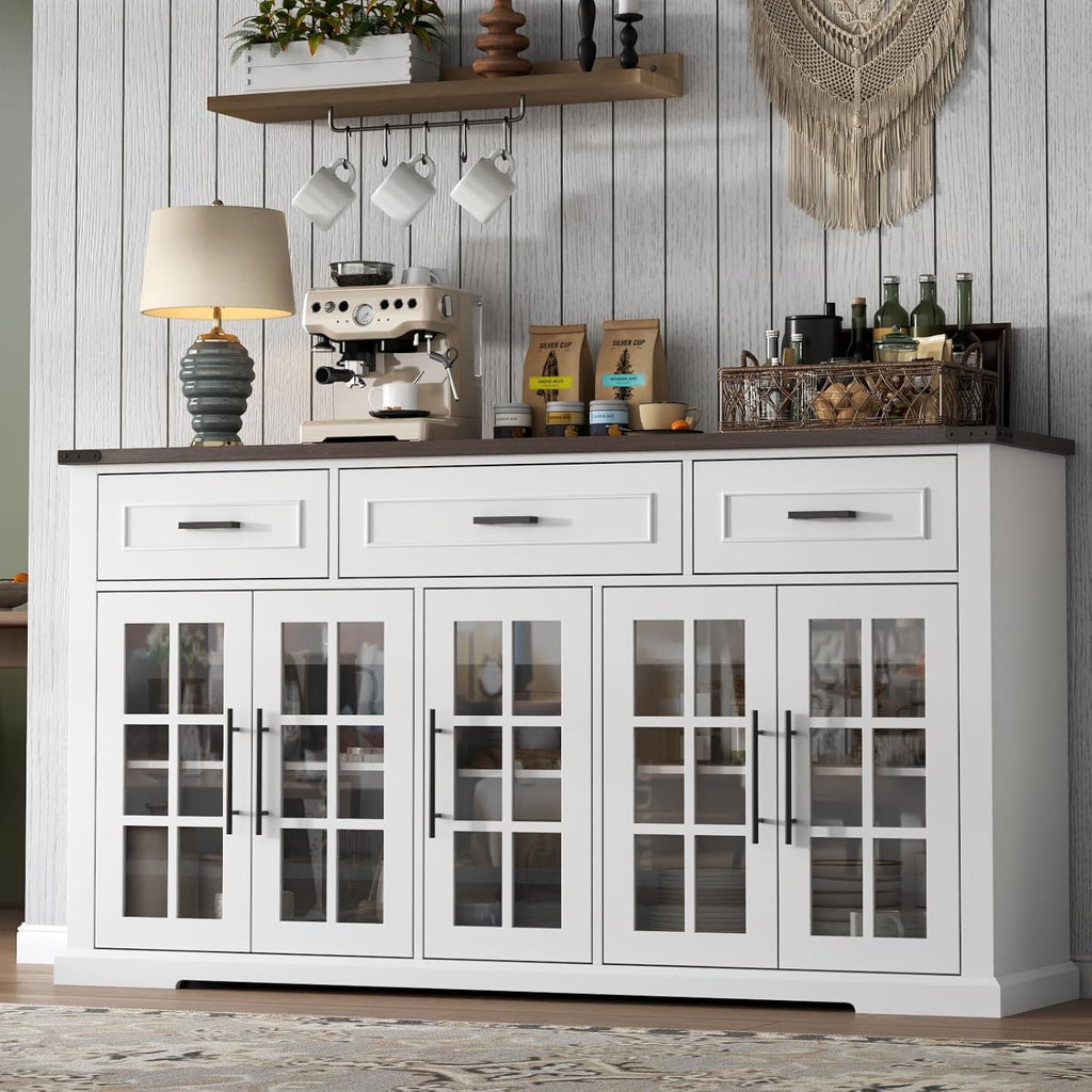 Gyfimoie 63' Sideboard Buffet Cabinet with Glass Doors, Farmhouse Large Buffet Table with 3 Storage Drawers, Modern Coffee Bar Wine Bar Cabinet with Adjustable Shelves for Kitchen, Dining Room, White