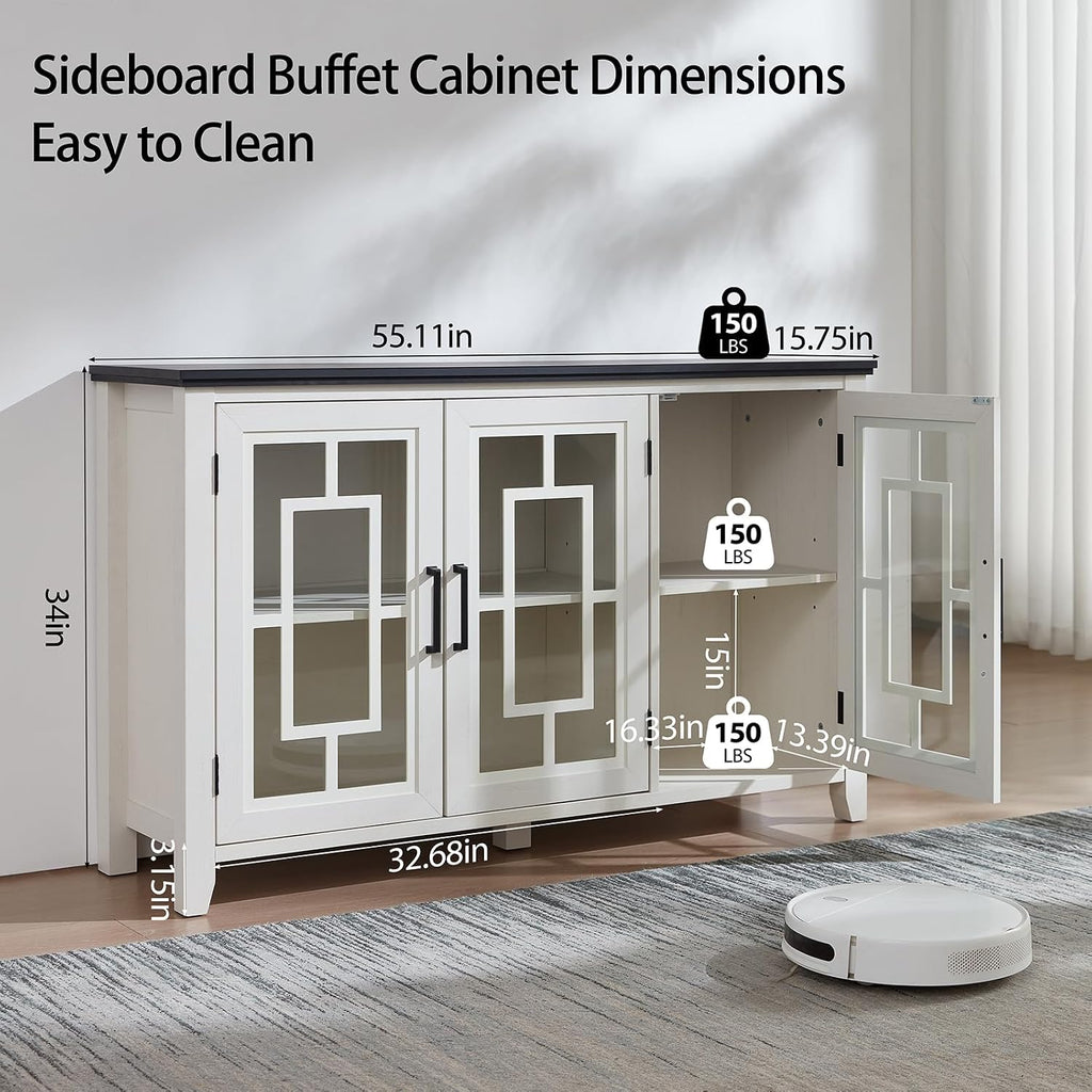 Joaxswe Large Sideboard Buffet Cabinet with Storage, 55' Farmhouse White Kitchen Coffee Wine Bar Cabinet with 3 Glass Doors, Wood Mid Century Modern Side Board Table for Dining Room, Living Room