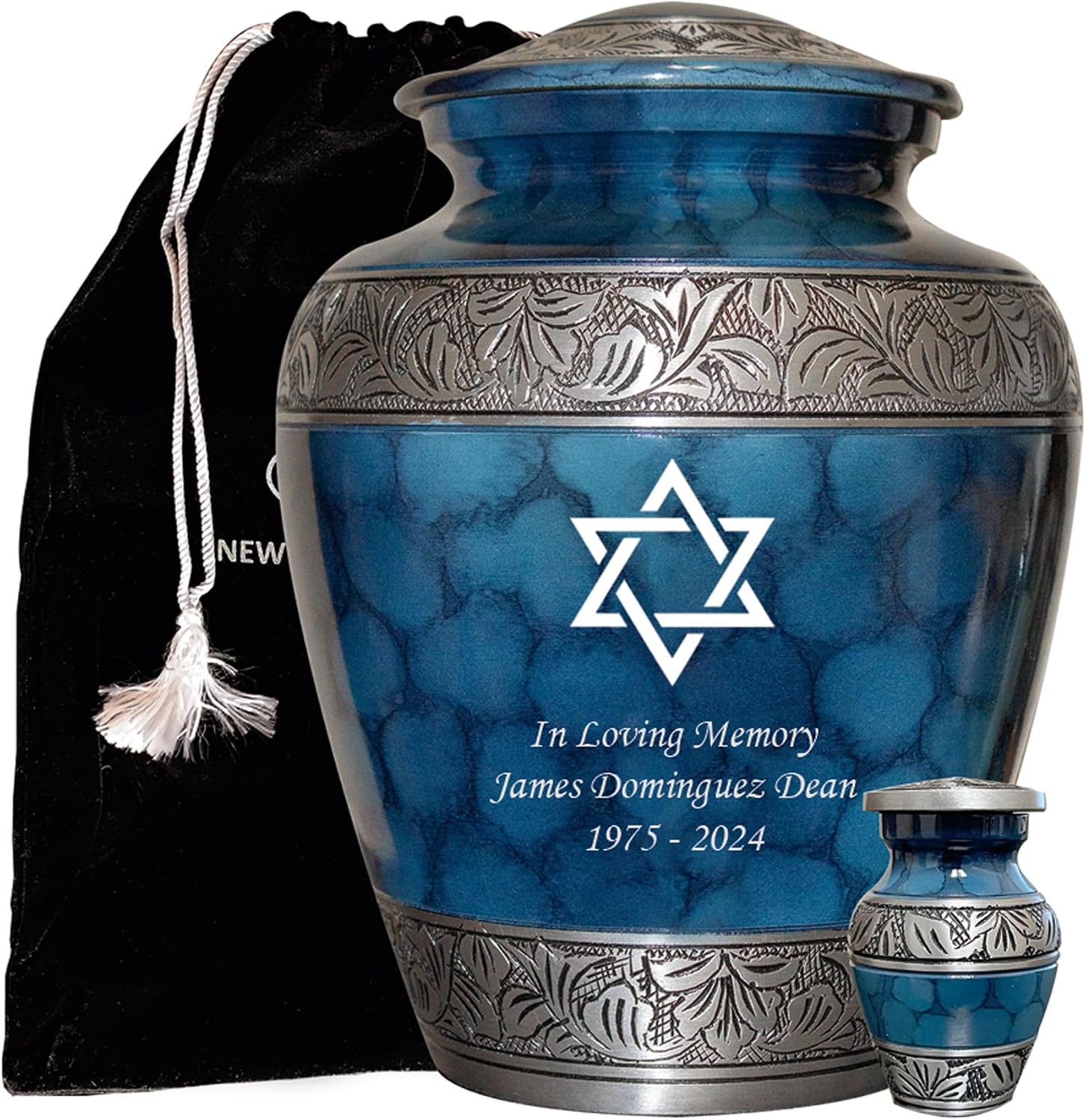 Star of David Blue Cremation Urn for Human Ashes, Jewish Cremation Urn, Religious Ash Urns with Personalized Engraving (Blue Fire)