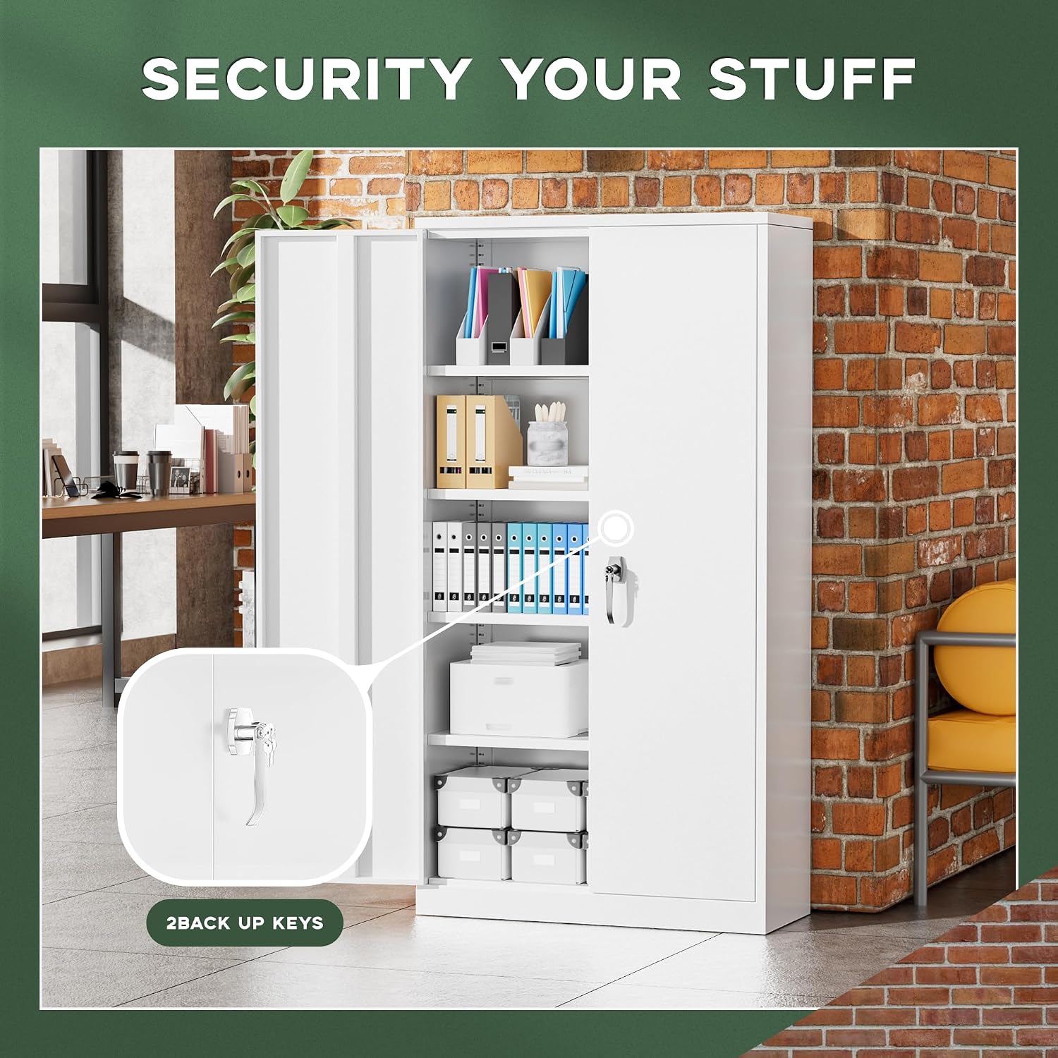 Greenvelly Metal Garage Storage Cabinet with 2 Doors & Adjustable Shelves, 72' Lockable Steel Tool Cabinet - White - (36' W x 18' D)