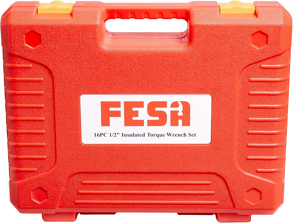 FESA Insulated Torque Socket Set - 16-Piece 1000V Insulated Tool Set w/ 1/2' Drive Insulated Torque Wrench (10-50 Nm), 7 Metric Sockets, 5 Hex Bit Sockets, 2 Extension Bars, T-Handle & Protective Case