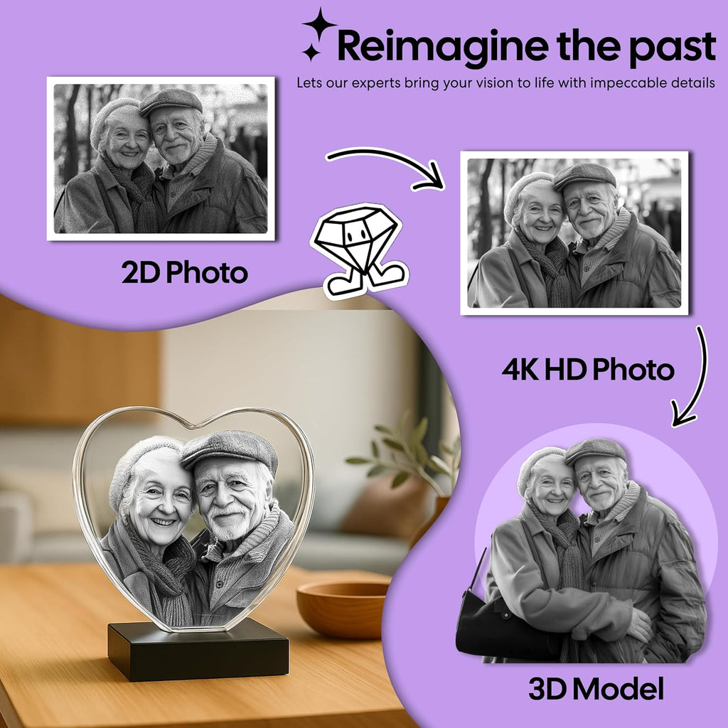 Monume 3D Crystal Heart (Medium) – Laser Engraved Personalized Crystal Photo Made from Clear-Cut Glass – Custom Photo Gifts for Weddings, Memorials, Anniversaries & More