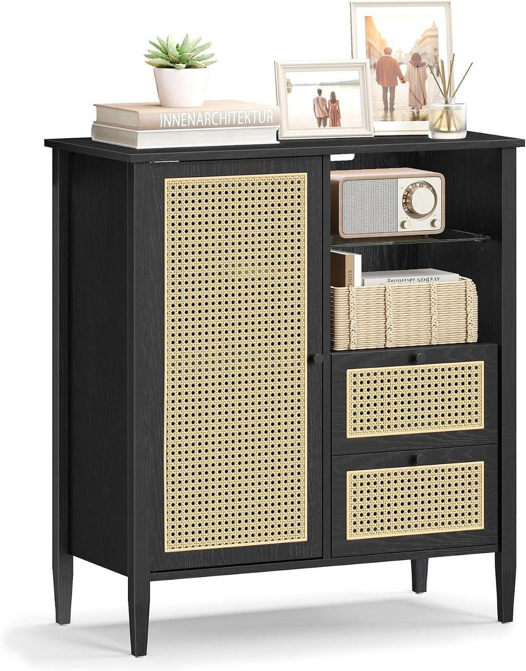 VASAGLE Boho Buffet Cabinet, Synthetic Rattan Sideboard with Drawers, Storage Cabinet with Adjustable Shelves, Ink Black UBBK242B01
