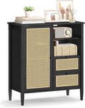 VASAGLE Boho Buffet Cabinet, Synthetic Rattan Sideboard with Drawers, Storage Cabinet with Adjustable Shelves, Ink Black UBBK242B01