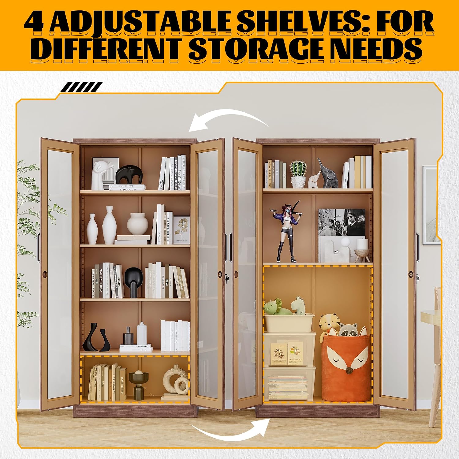 Metal Storage Cabinet with Lock and Glass Doors,Glass Display Cabinet,Tall Storage Cabinets,Locking Curio Cabinets with 5 Shelves for Collectibles,Home,Office,Living Room