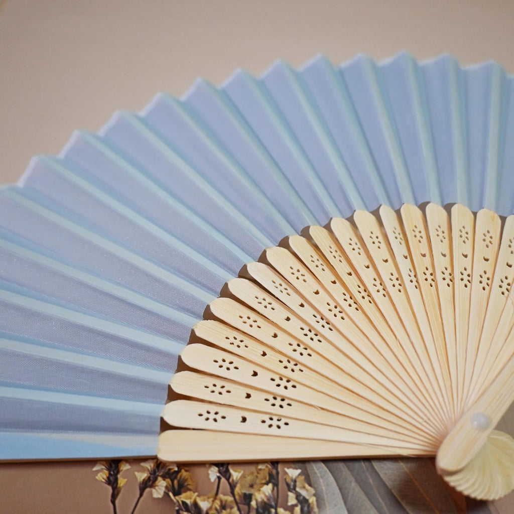 Personalized Engraved Silk Fans Folding Hand Fans with Organza Bags, 103Pcs Light Blue Summer Wedding Fans, Custom Imitated Silk-Bamboo Fans for Guests Wedding Party Favor Bridal Shower Gifts
