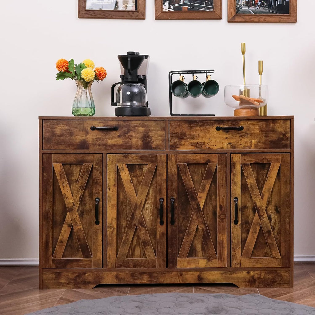 Sideboard Cabinet with Drawers, 47' W Sideboard Buffet Storage Cabinet with Storage for Kitchen, Farmhouse Coffee Bar Cabinets with Shlves and Doors Hallway, Brown