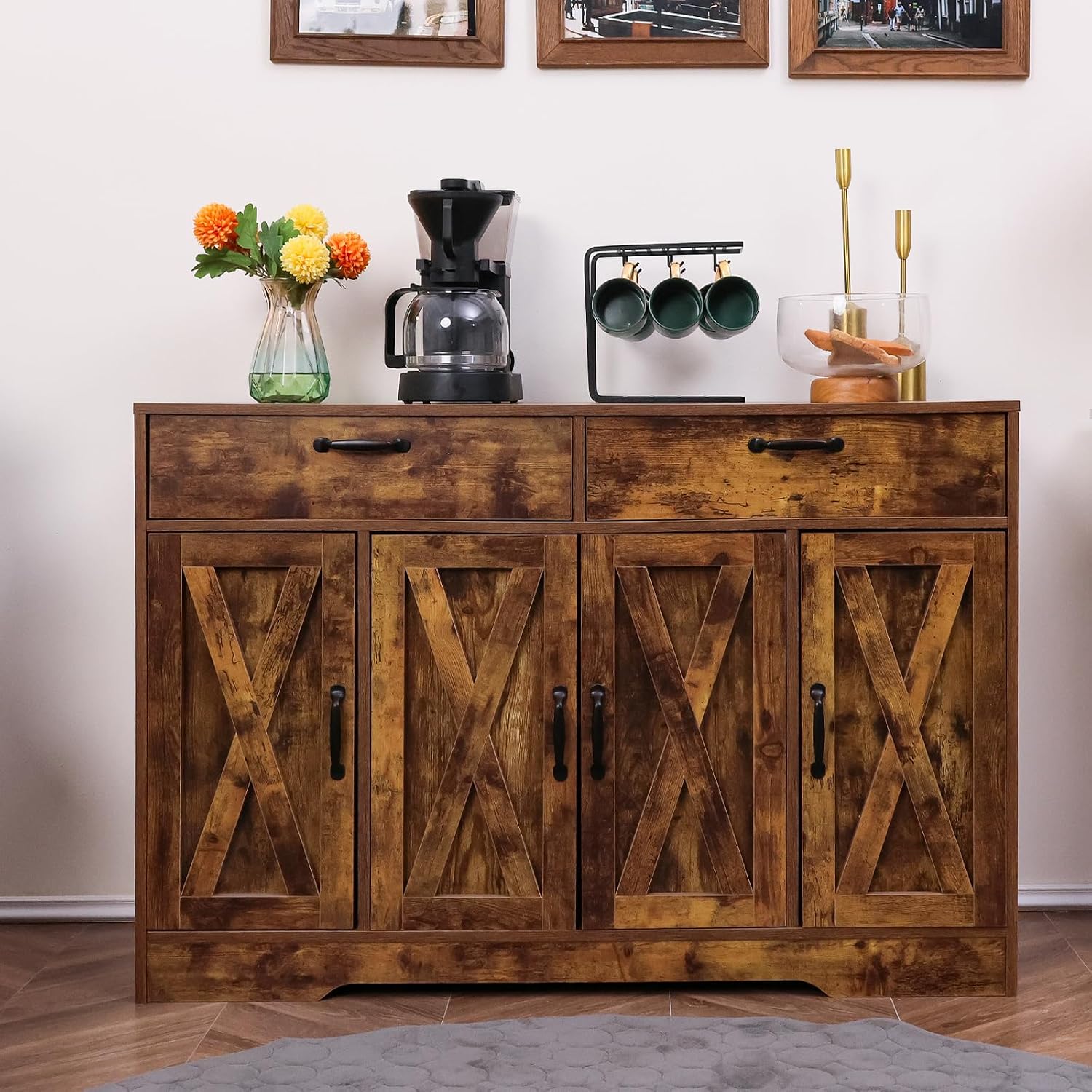 Sideboard Cabinet with Drawers, 47' W Sideboard Buffet Storage Cabinet with Storage for Kitchen, Farmhouse Coffee Bar Cabinets with Shlves and Doors Hallway, Brown