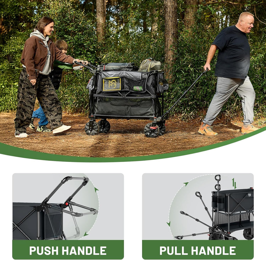 TIMBER RIDGE Push & Pull Double Decker Wagon, 400L Large Capacity Heavy Duty & 450lb Load, Collapsible Cart with All-Terrain Wheels & Brakes, 54' Extended Foldable for Sports, Beach, Camping, Grey
