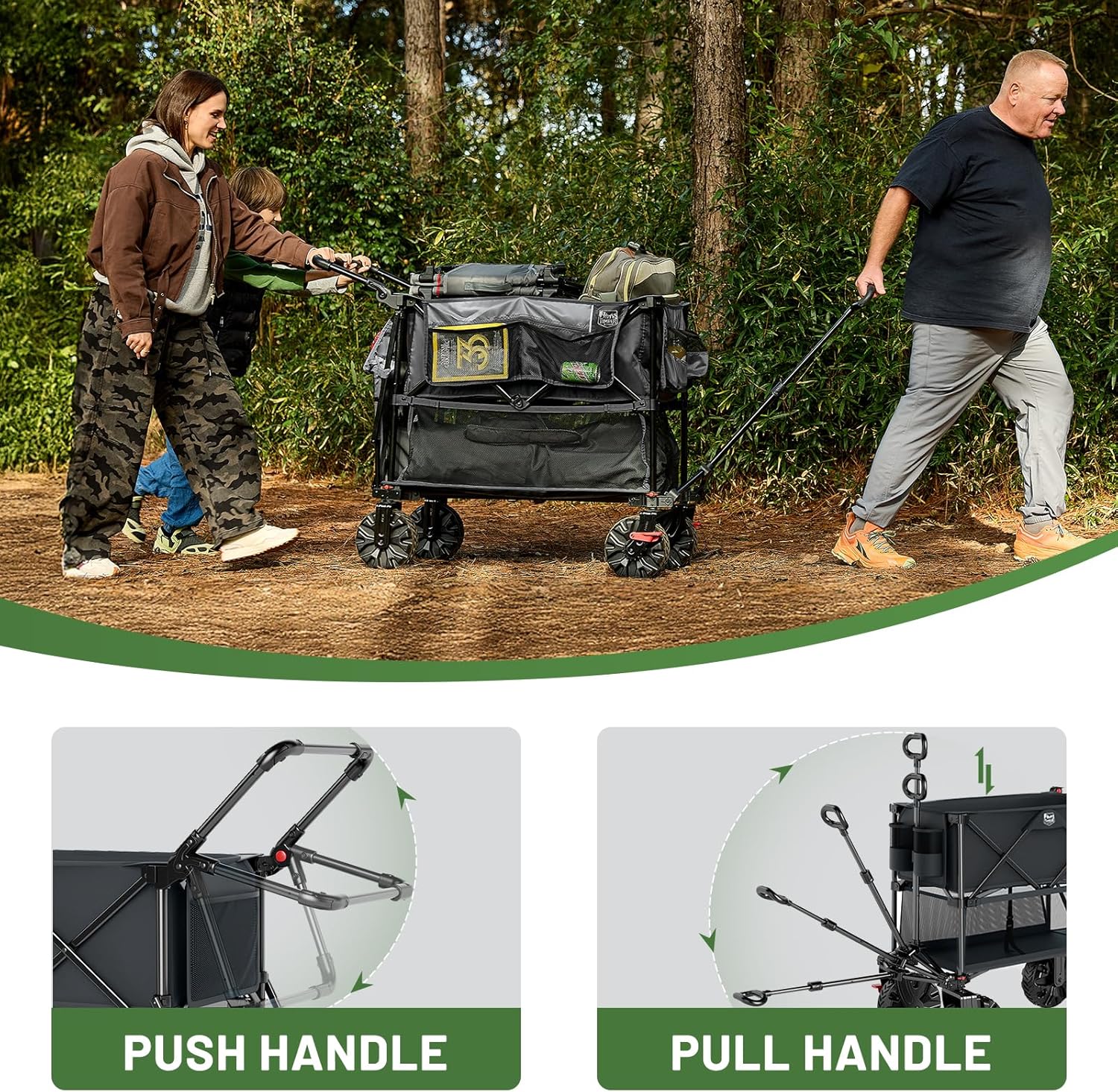 TIMBER RIDGE Push & Pull Double Decker Wagon, 400L Large Capacity Heavy Duty & 450lb Load, Collapsible Cart with All-Terrain Wheels & Brakes, 54' Extended Foldable for Sports, Beach, Camping, Grey