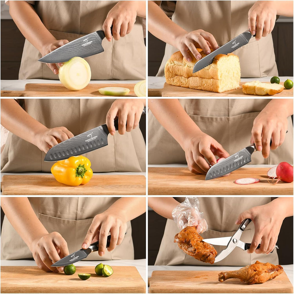 7-Piece Damascus Knife Set with VG10 Core Blades, 67-Layer Damascus Steel, Black Titanium Coated Kitchen Knives for Polished Ebony Wood Handle for a Comfortable, Ultra Sharp Chef Knife Set