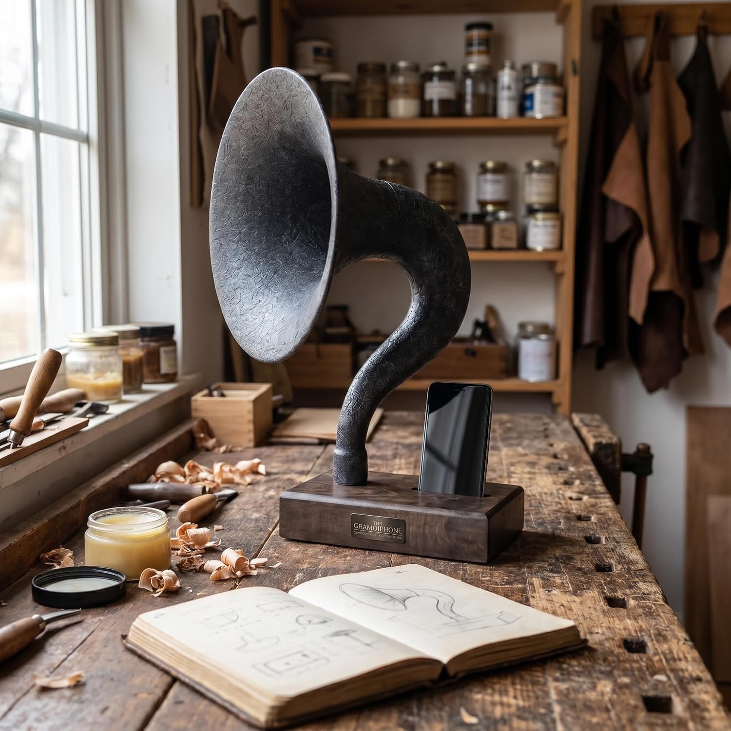 Handmade Acoustic Phone Speaker, Gramophone Phone Amplifier, Vintage Passive Speaker for Home Decor, Office Furniture Gift, Unique Handmade Smart Phone Dock - 17' Dark Walnut & Aged Carbon
