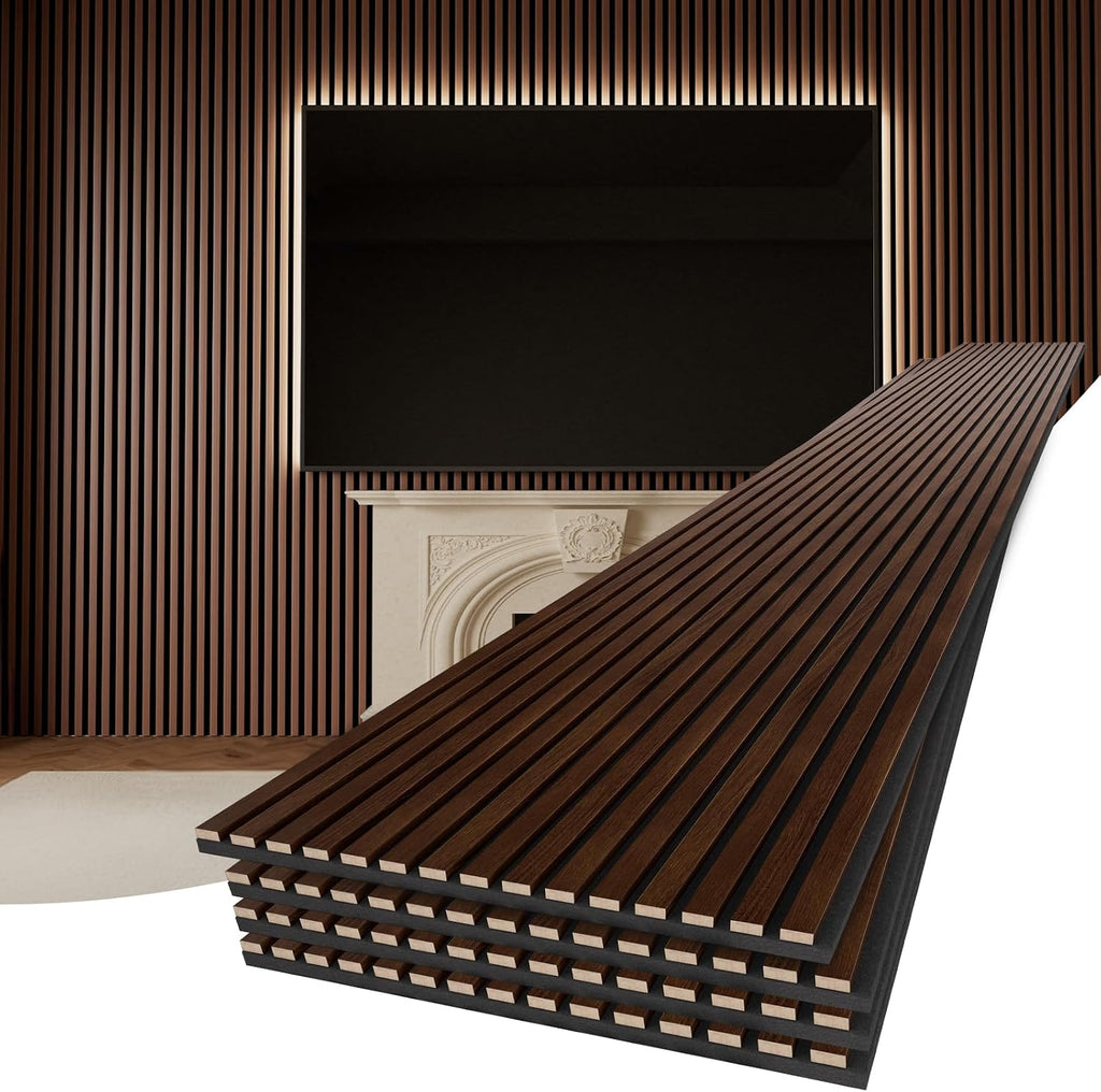 PrimeZone Wood Acoustic Wall Panels - 4 PCS 94.5' x 23.6' (62 sq ft) 3D Fluted Slat Sound Proof Wall Paneling, Sound Absorbing & Noise Reduction Interior Decor Panels for Living Room, Bedroom, Walnut