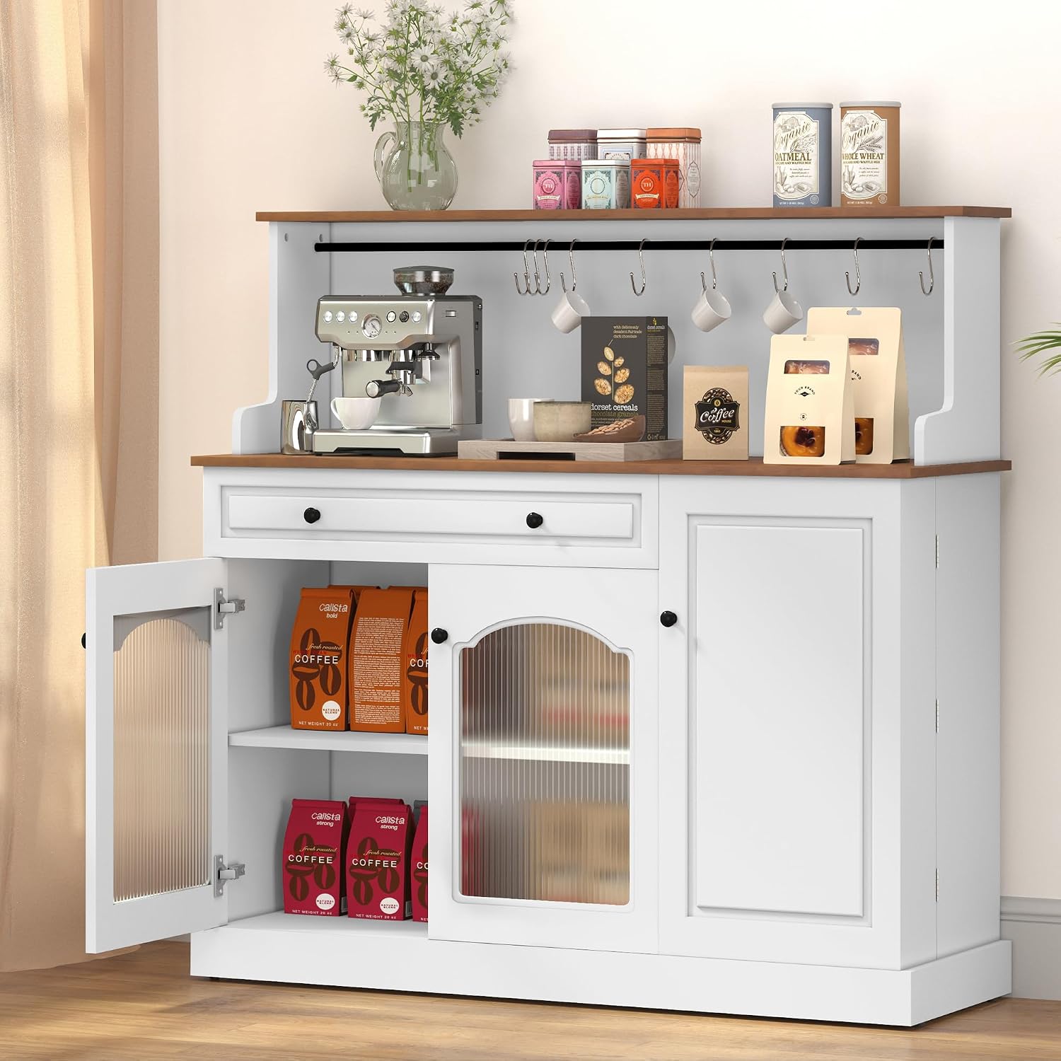 ARTPOWER Farmhosue Coffee Bar Cabinet with Hutch - 48' Modern Buffet Cabinet with Drawer Storage and Glass Doors,Wine Bar Table with Adjustable Shelves for Living Dining Room,White