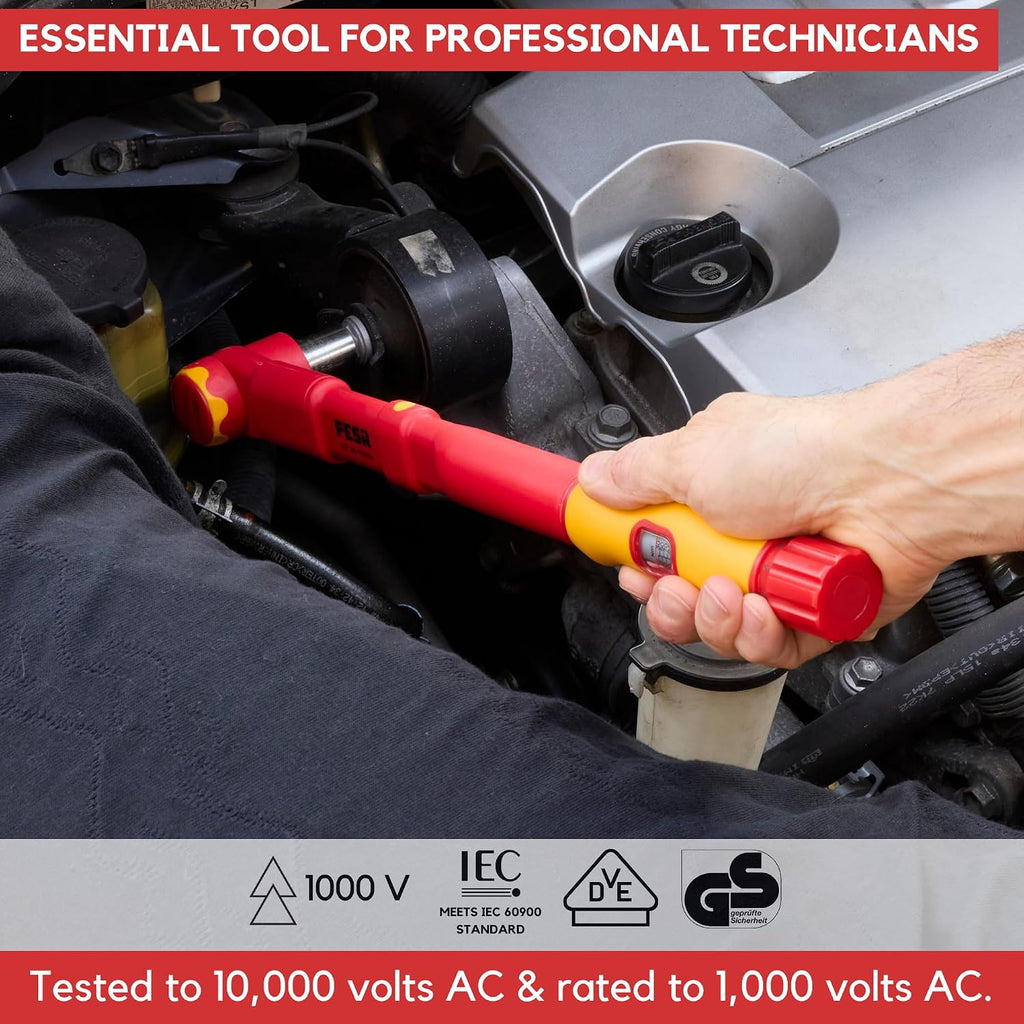 FESA Electrician Insulated Torque Wrench - 1000V Electrician Torque Wrench w/Easy Torque Adjustment & Scale Display - Each Insulated Wrench Has ID for Traceability (3/8' Drive, 20-100 Nm Range)
