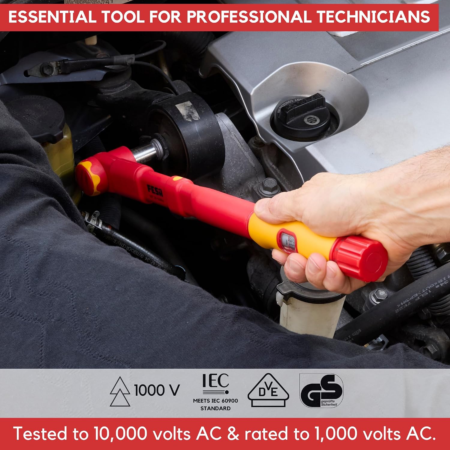 FESA Electrician Insulated Torque Wrench - 1000V Electrician Torque Wrench w/Easy Torque Adjustment & Scale Display - Each Insulated Wrench Has ID for Traceability (3/8' Drive, 20-100 Nm Range)