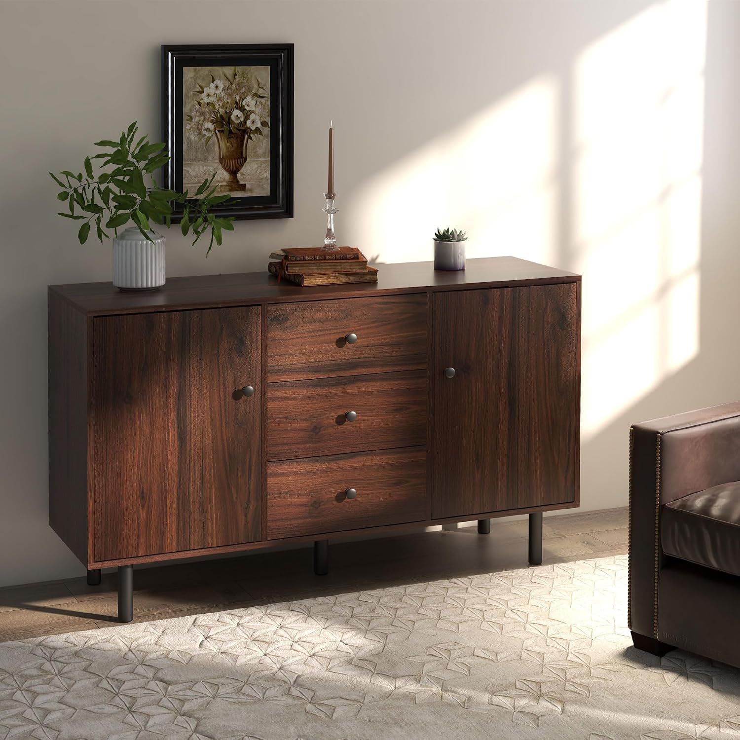 HOMCOM Storage Sideboard, Credenza Cabinet with 2 Cupboards, 3 Drawers and Adjustable Shelves, Buffet Table for Living Room, Entryway, Brown 839-545V01BN