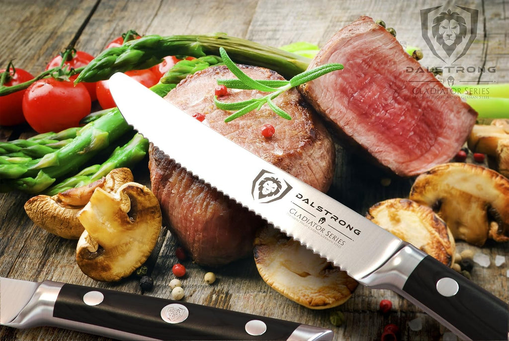 Dalstrong Serrated Steak Knives Set of 4-5 inch Straight Blade Steak Knife Set - Sheaths - Forged German Steel - Black G10 Handle - Gladiator Series Elite - Dinner Set - NSF Cuchillos para Carne