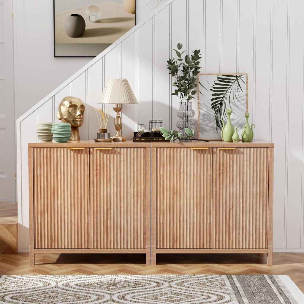 Sideboard Buffet Cabinet Set of 3, 31' Storage Cabinet with 2 Doors and Adjustable Shelves, Sideboard Console for Dinning Room, Kitchen and Living Room - Oak