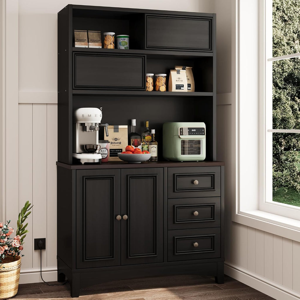 BLANKSPACE 71' Tall Kitchen Pantry Cabinet with Microwave Shelf Built-in Charging Station, Black Sliding Door Cabinet with Drawer Storage Organizer/Adjustable Shelves for Dining Room, Living Room