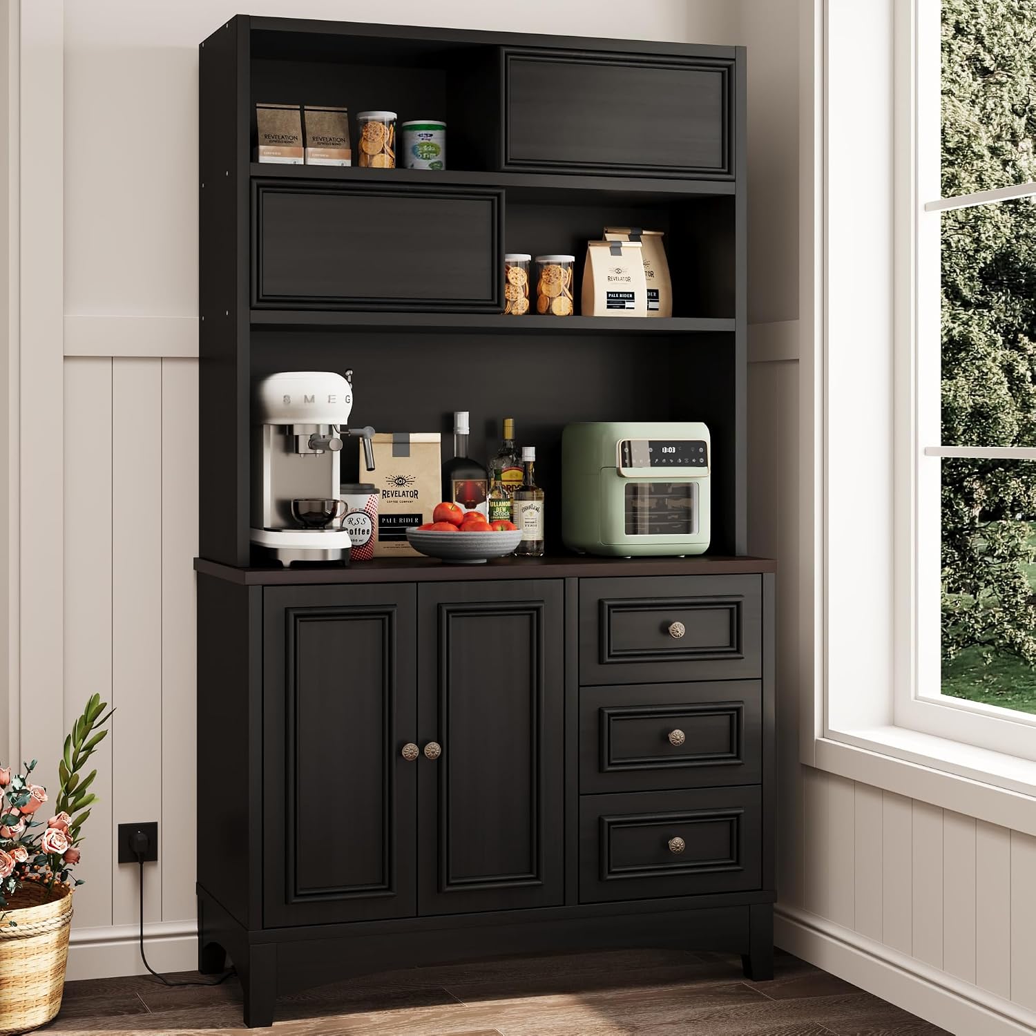 BLANKSPACE 71' Tall Kitchen Pantry Cabinet with Microwave Shelf Built-in Charging Station, Black Sliding Door Cabinet with Drawer Storage Organizer/Adjustable Shelves for Dining Room, Living Room