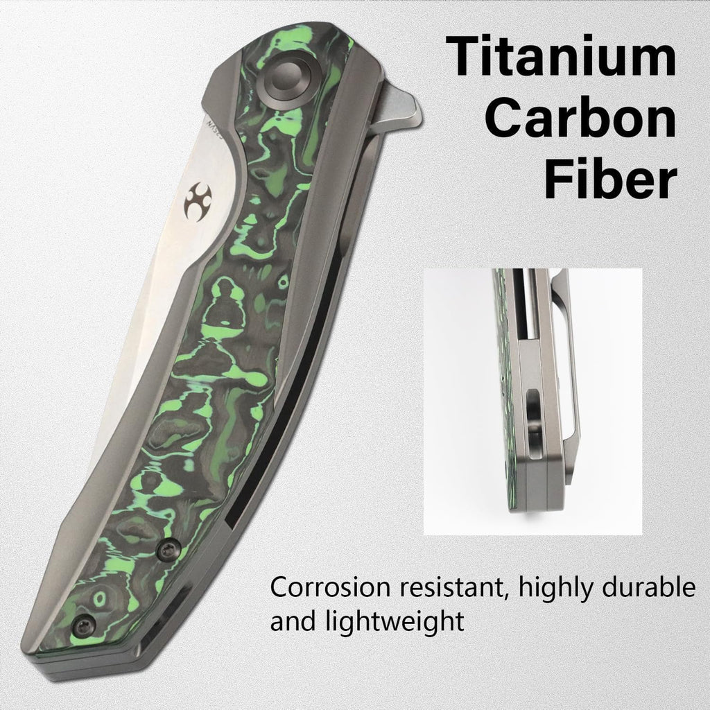KANSEPT Accipiter Pocket Folding Knives EDC Camping Folding Knife 3.36'' Satin CPM S35VN Blade Pocket Folding Knife with Titanium + Green Carbon Fiber Handle Everyday Carry K1007E1