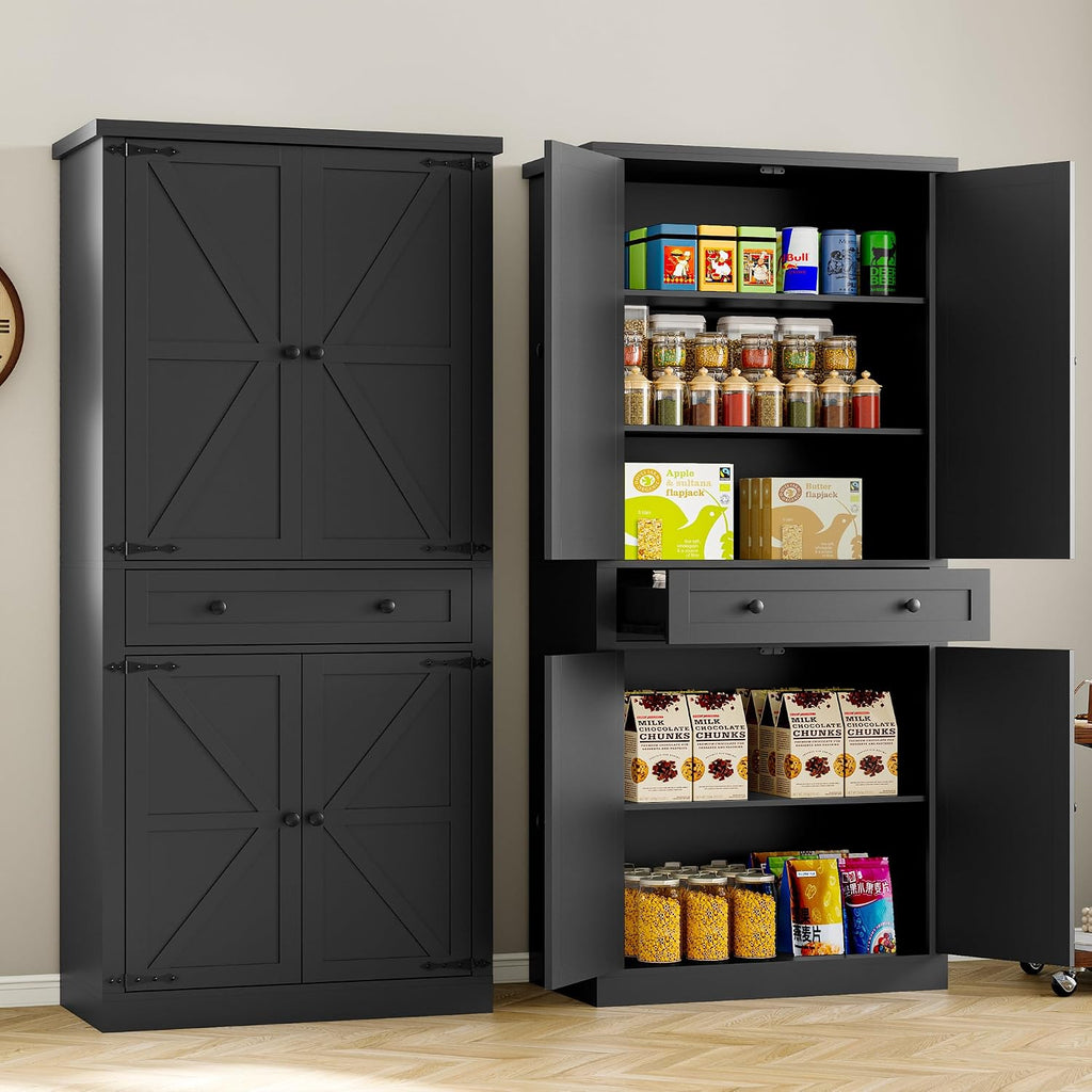 BORNOON Pantry Organizers and Storage Cabinet, 67.7' Barn Door White Kitchen Cabinet with Drawers and Adjustable Shelf, Tall Pantry for Kitchen, Dining Room, Living Room