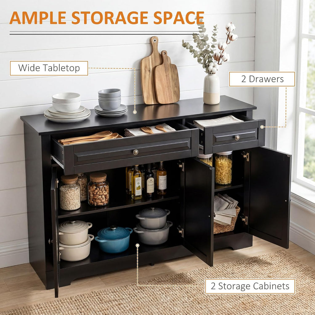 HOMCOM Sideboard Buffet Cabinet, Modern Buffet Cabinet with Storage and 2 Drawers, Coffee Bar Station with Adjustable Shelves for Kitchen, Entryway, Black