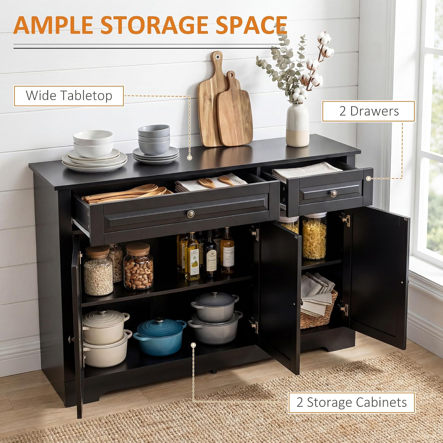 HOMCOM Sideboard Buffet Cabinet, Modern Buffet Cabinet with Storage and 2 Drawers, Coffee Bar Station with Adjustable Shelves for Kitchen, Entryway, Black