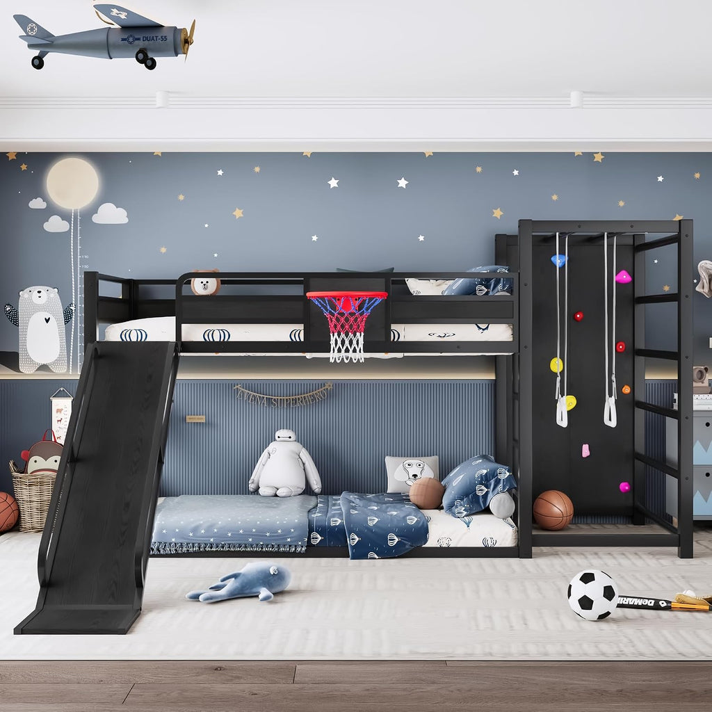 Twin XL Bunk Bed with Slide, Basketball Hoop & Pull-Up Rings, Industrial Style Bunk Bed Frame with Slide, Bookshelf and Climbing Wall, Low Playhouse Loft Bed for Kids, Black