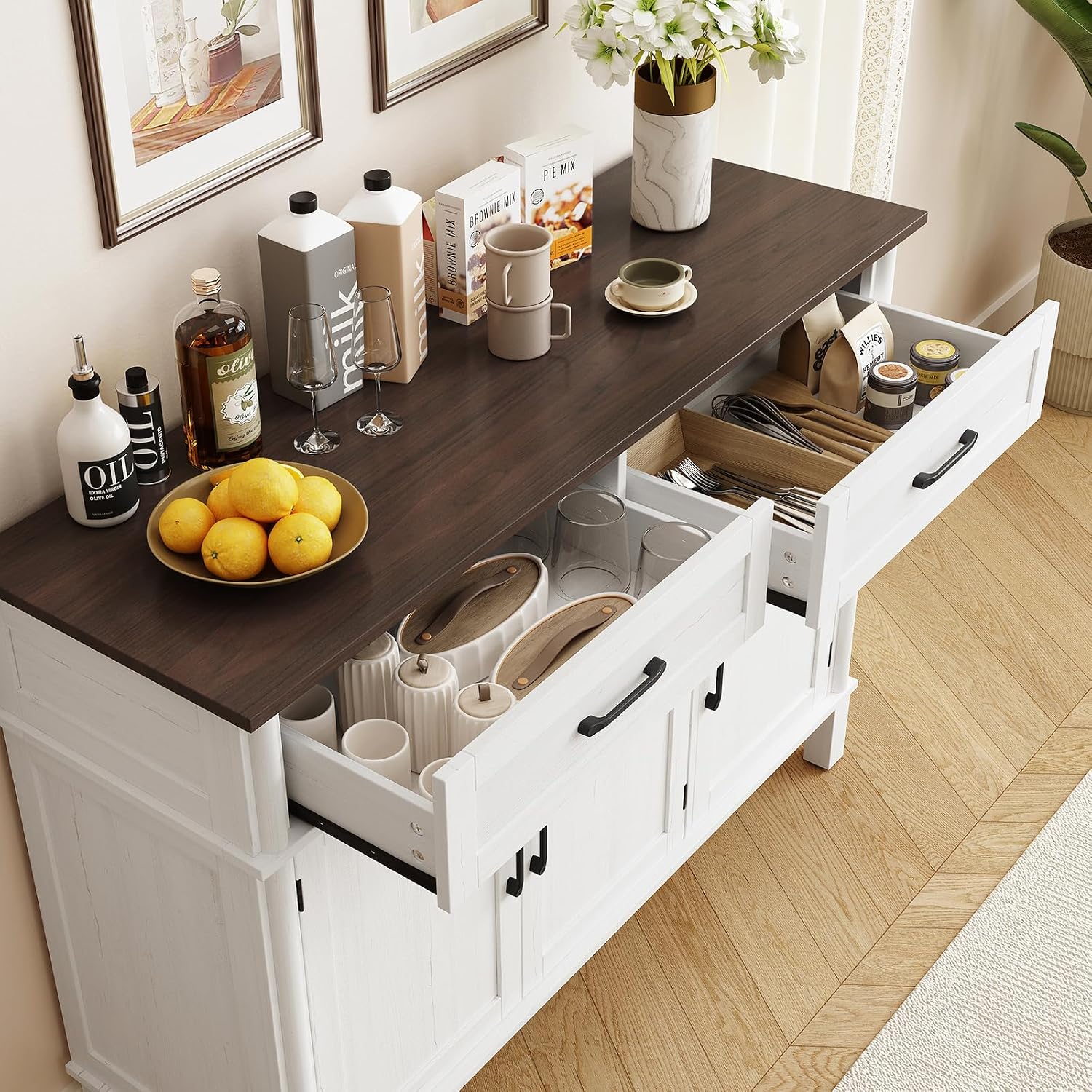 48 Inches Buffet Cabinet with Storage, Farmhouse Sideboard Buffet w/2 Drawers and 3 Doors, Wood Coffee Bar Cabinet with Adjustable Shelves, Sideboard Storage for Kitchen, Living Room, Off White