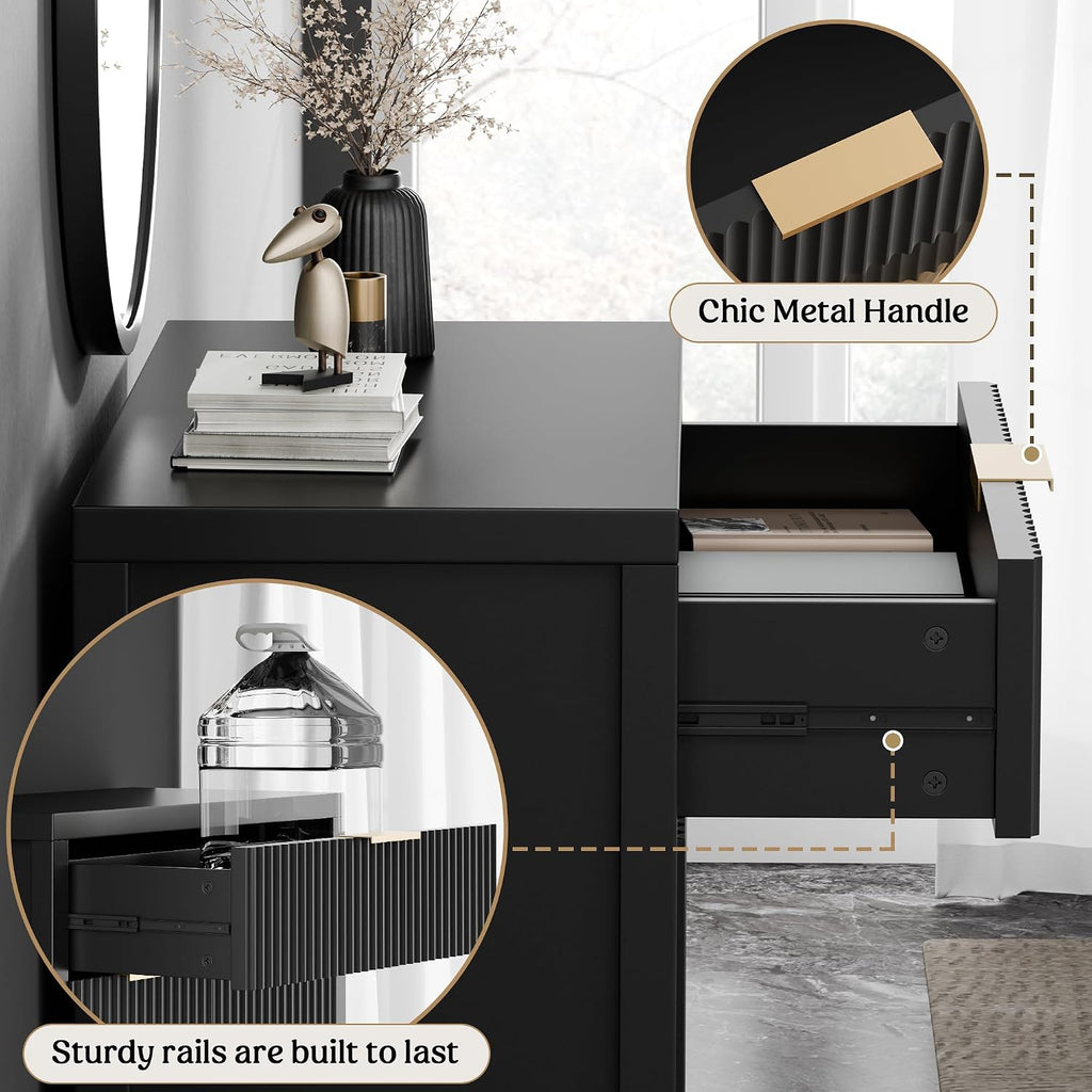 Lulive Black Fluted Storage Cabinet with Drawers Buffet Sideboard Cabinet with Adjustable Shelves for Kitchen Living Room, Kitchen, Entryway