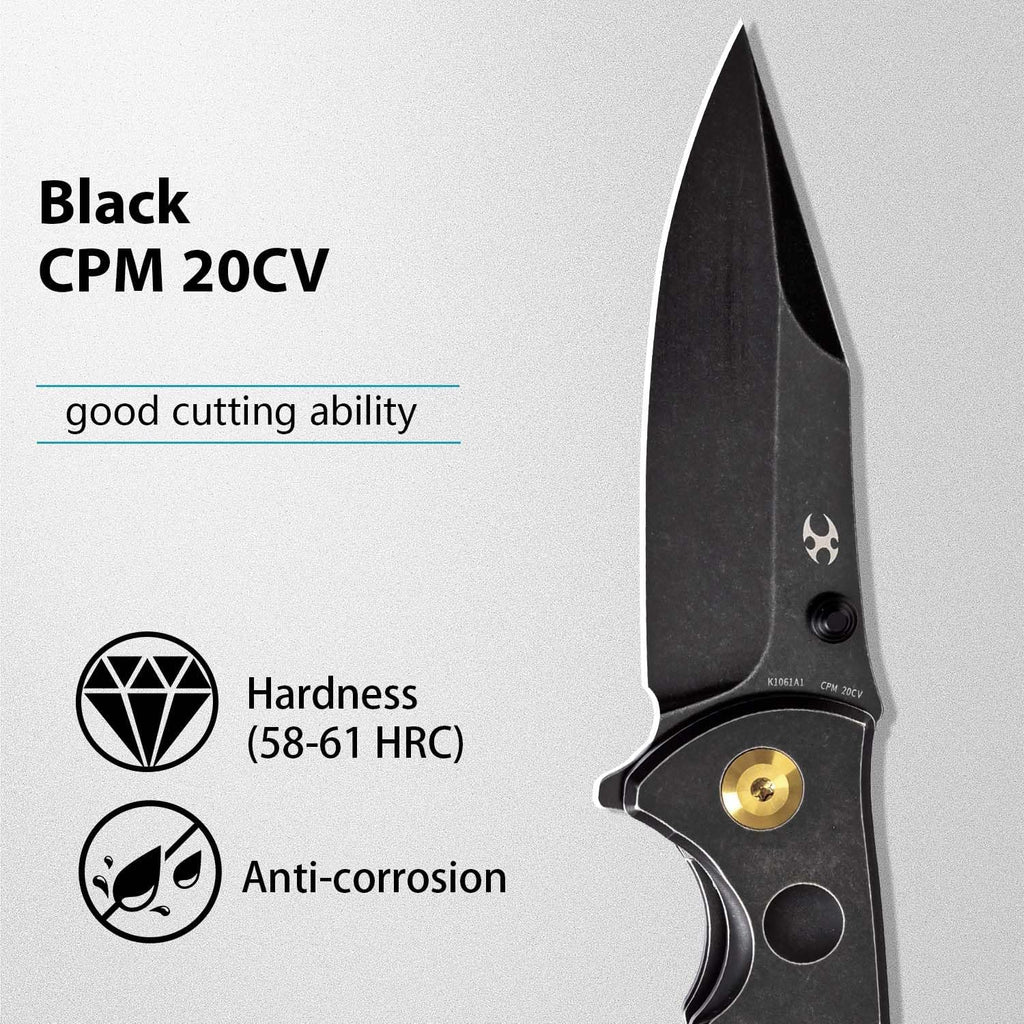KANSEPT Rei Premium Pocket Folding Knives for Men EDC Pocket Knife 3.3'' CPM 20CV Blade Excellent Folding Knife with Black Stonewashed Titanium Handle EDC K1061A1