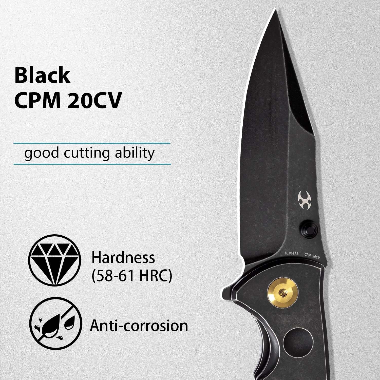 KANSEPT Rei Premium Pocket Folding Knives for Men EDC Pocket Knife 3.3'' CPM 20CV Blade Excellent Folding Knife with Black Stonewashed Titanium Handle EDC K1061A1