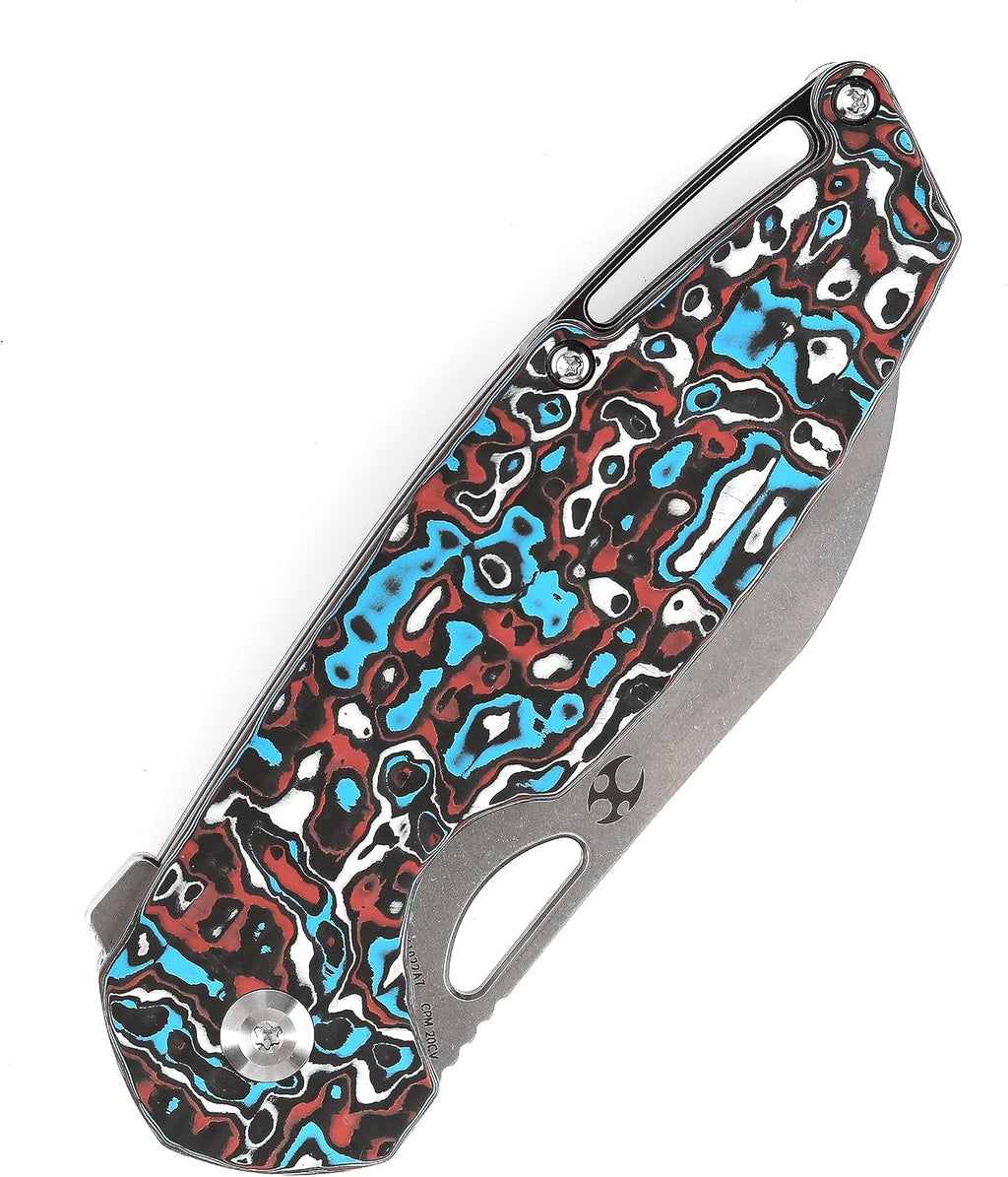 KANSEPT Model 6 Pocket Folding Knives EDC Camping Folding Knife 3.1'' Stonewashed CPM 20CV Material Pocket Folding Knife with Red Black &White Carbon Fiber Handle Everyday Carry K1022A7
