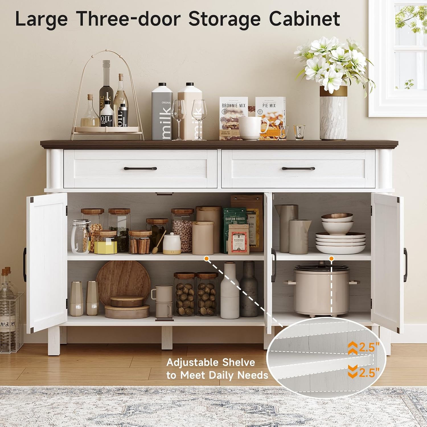 ONBRILL 55 Inch Buffet Cabinet with Storage, Farmhouse Sideboard Buffet w/2 Drawers and 3 Doors, Wood Coffee Bar Cabinet with Adjustable Shelves, Sideboard Storage for Kitchen, Living Room, Off White