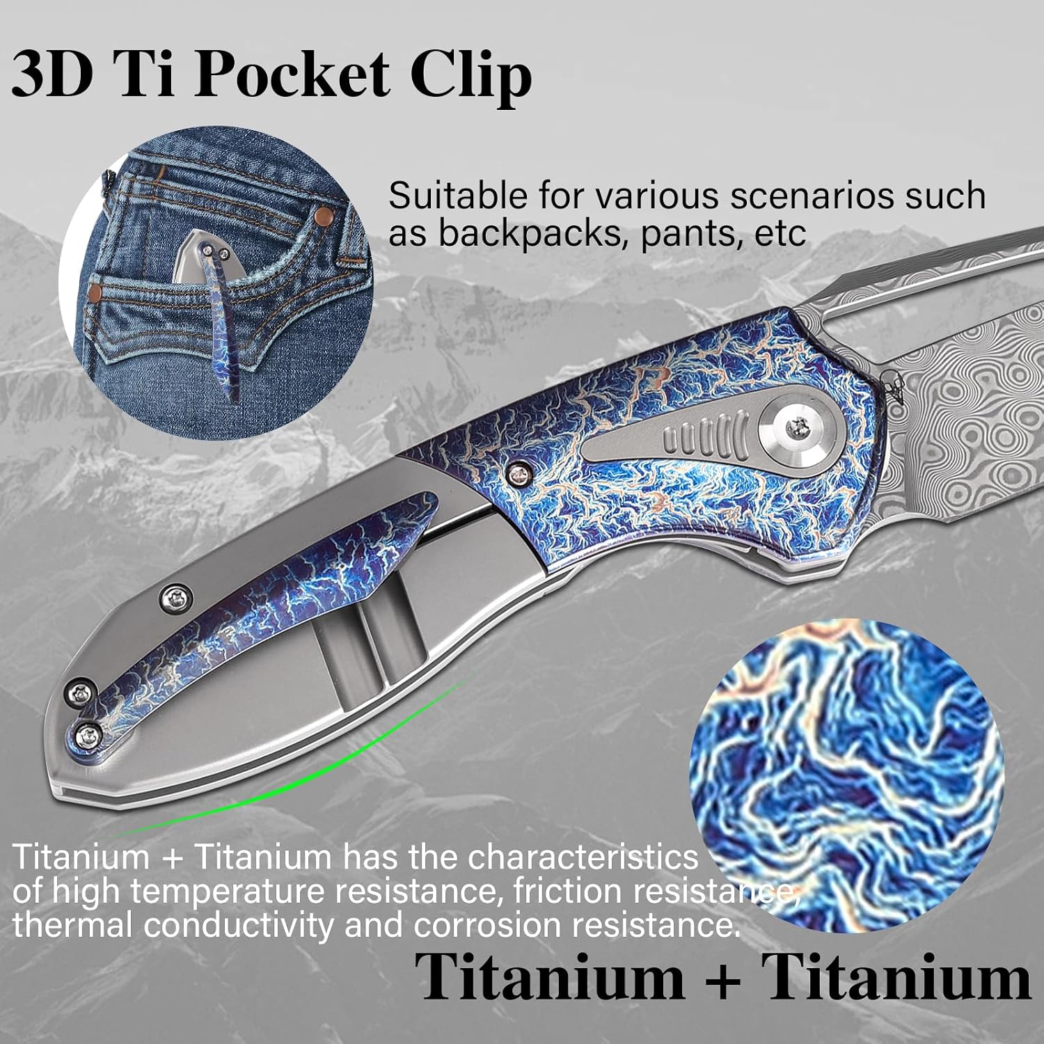 KANSEPT Thoth Pocket Knives for Men 8.05in Folding Pocket Knives with 3.43in Damascus Material and Bead Blasted Titanium Lightning Strike Finished Titanium Inlay Handle K1075T5