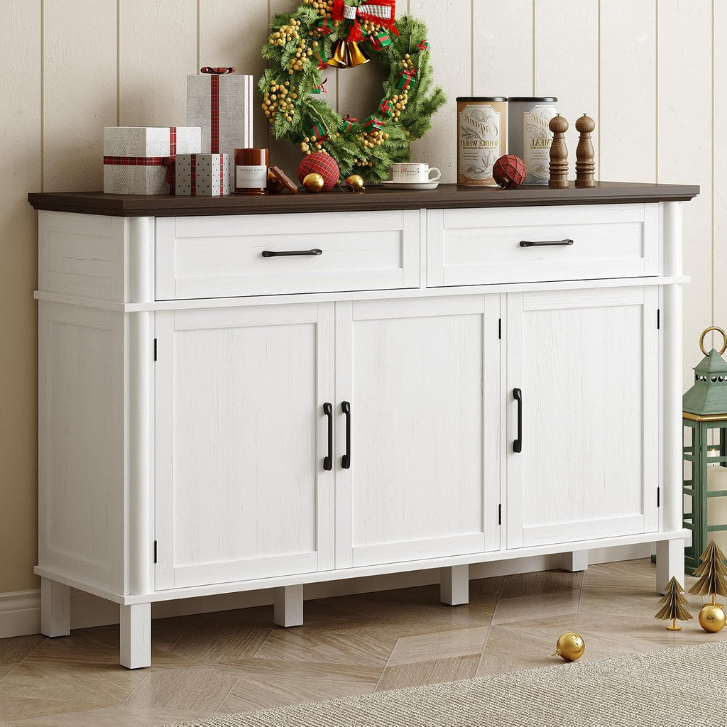 ONBRILL 55 Inch Buffet Cabinet with Storage, Farmhouse Sideboard Buffet w/2 Drawers and 3 Doors, Wood Coffee Bar Cabinet with Adjustable Shelves, Sideboard Storage for Kitchen, Living Room, Off White